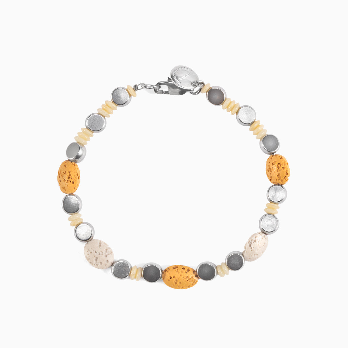Hush Collection men's bracelet with lava stone, stainless steel and brass, rhodium finish, 20 cm length — detail of the lava stone beads.