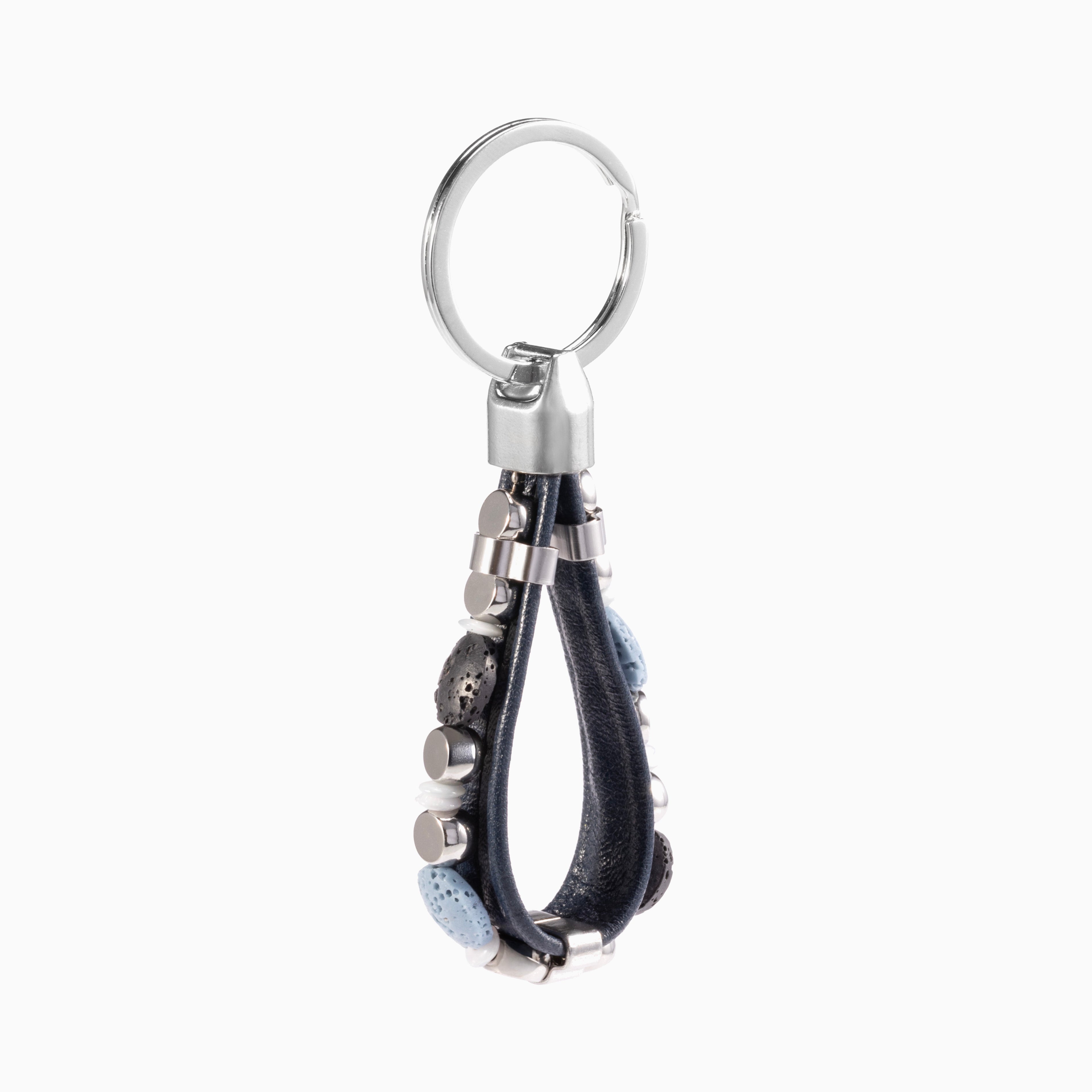Hush Collection men’s keychain with leather, lava stone, stainless steel and brass, rhodium finish, 10 cm length.