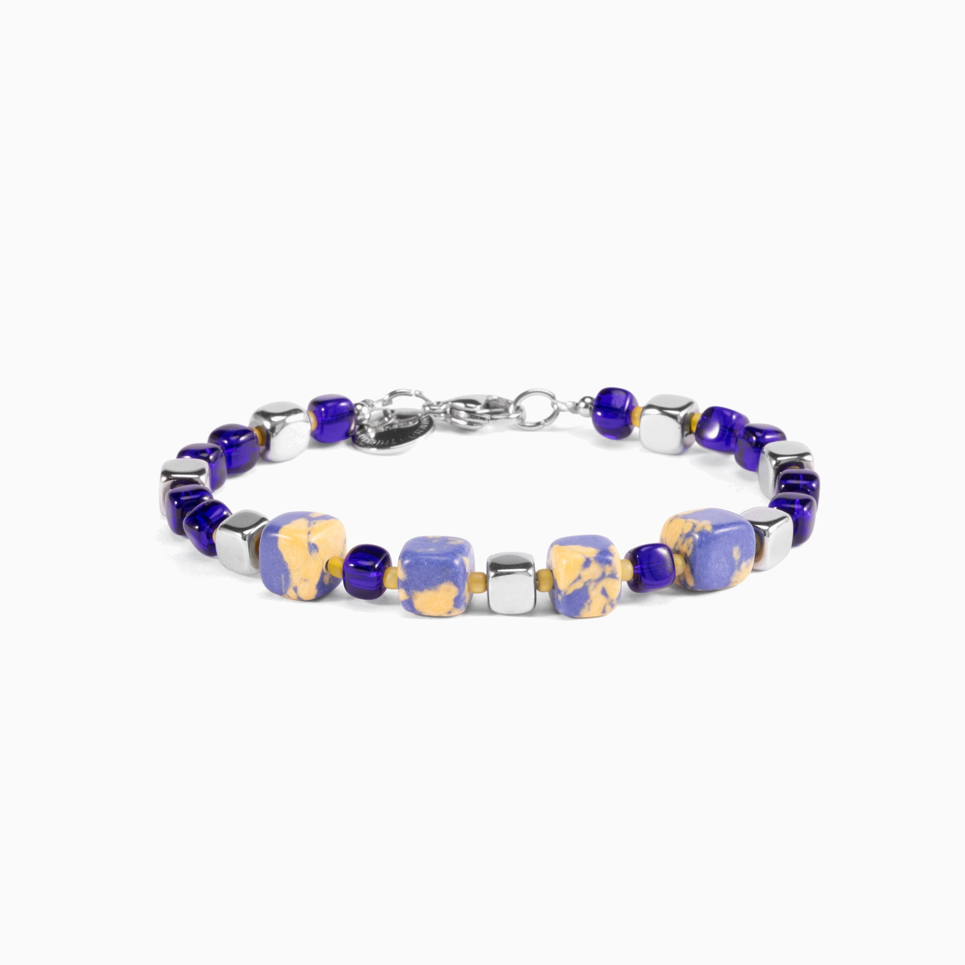 Flux Collection men's bracelet with ceramic cubes, hematite beads and rhodium finish over stainless steel and brass, 20 cm length — side view.