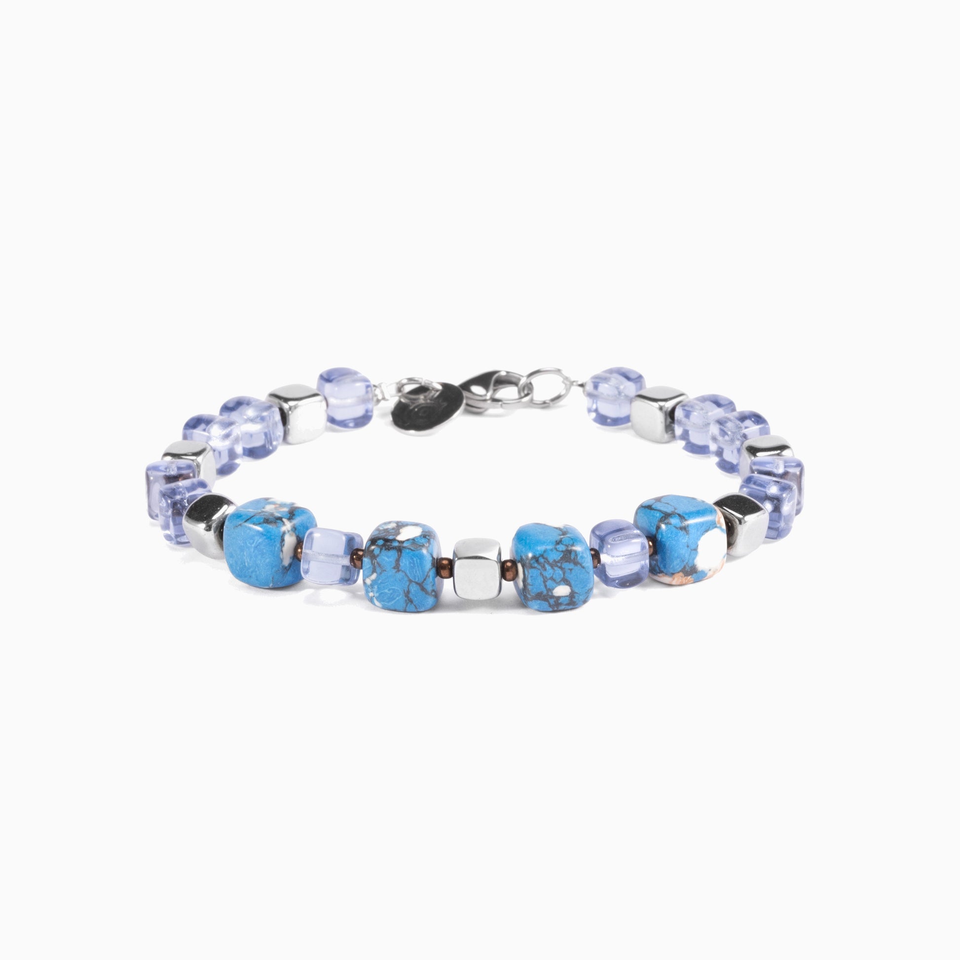 Flux Collection men's bracelet with ceramic cubes, hematite beads and rhodium finish over stainless steel and brass, 20 cm length — angled view.
