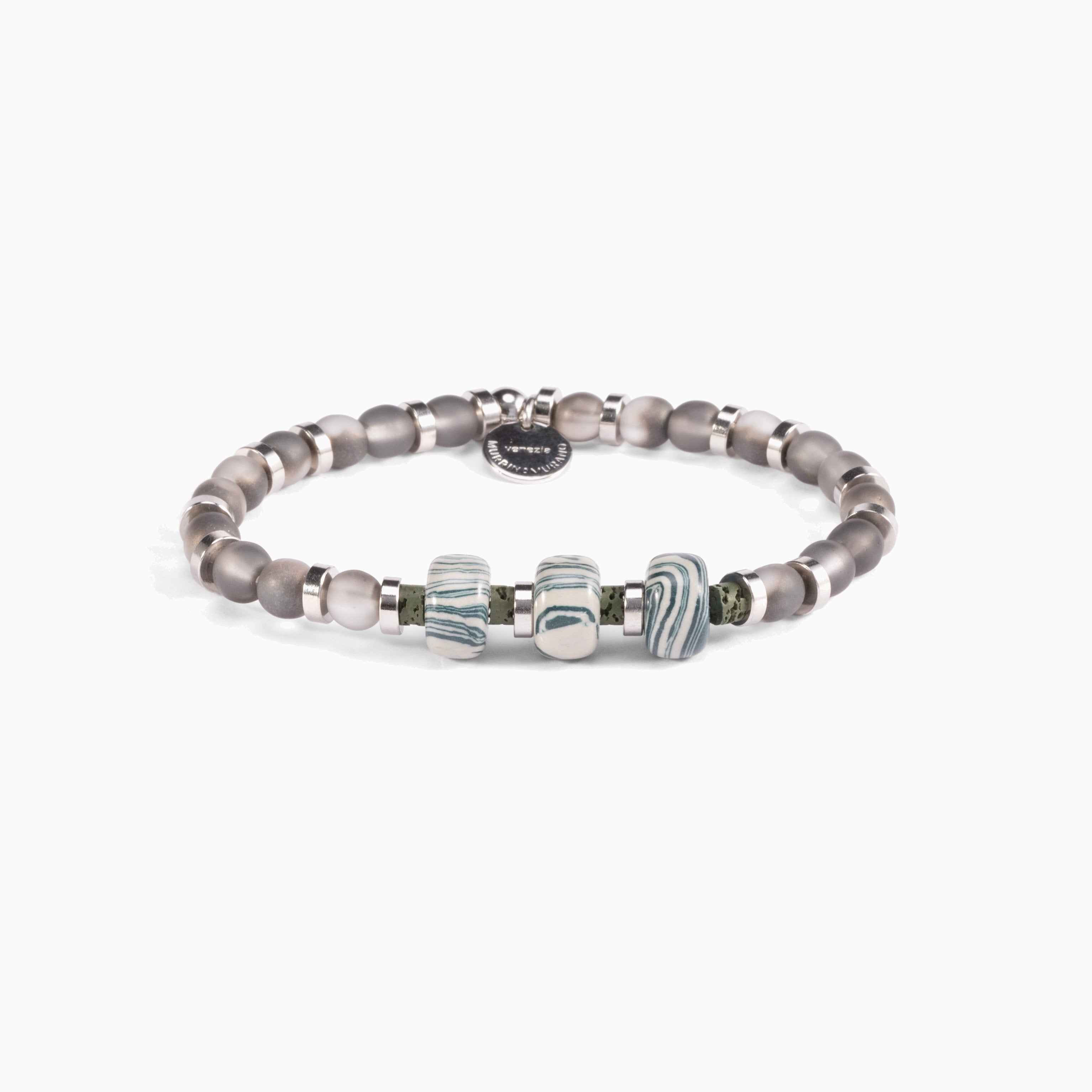 Burn men’s bracelet with ceramic, lava stone and steel elements, rhodium finish over stainless steel and brass, adjustable fit, contemporary Italian design.