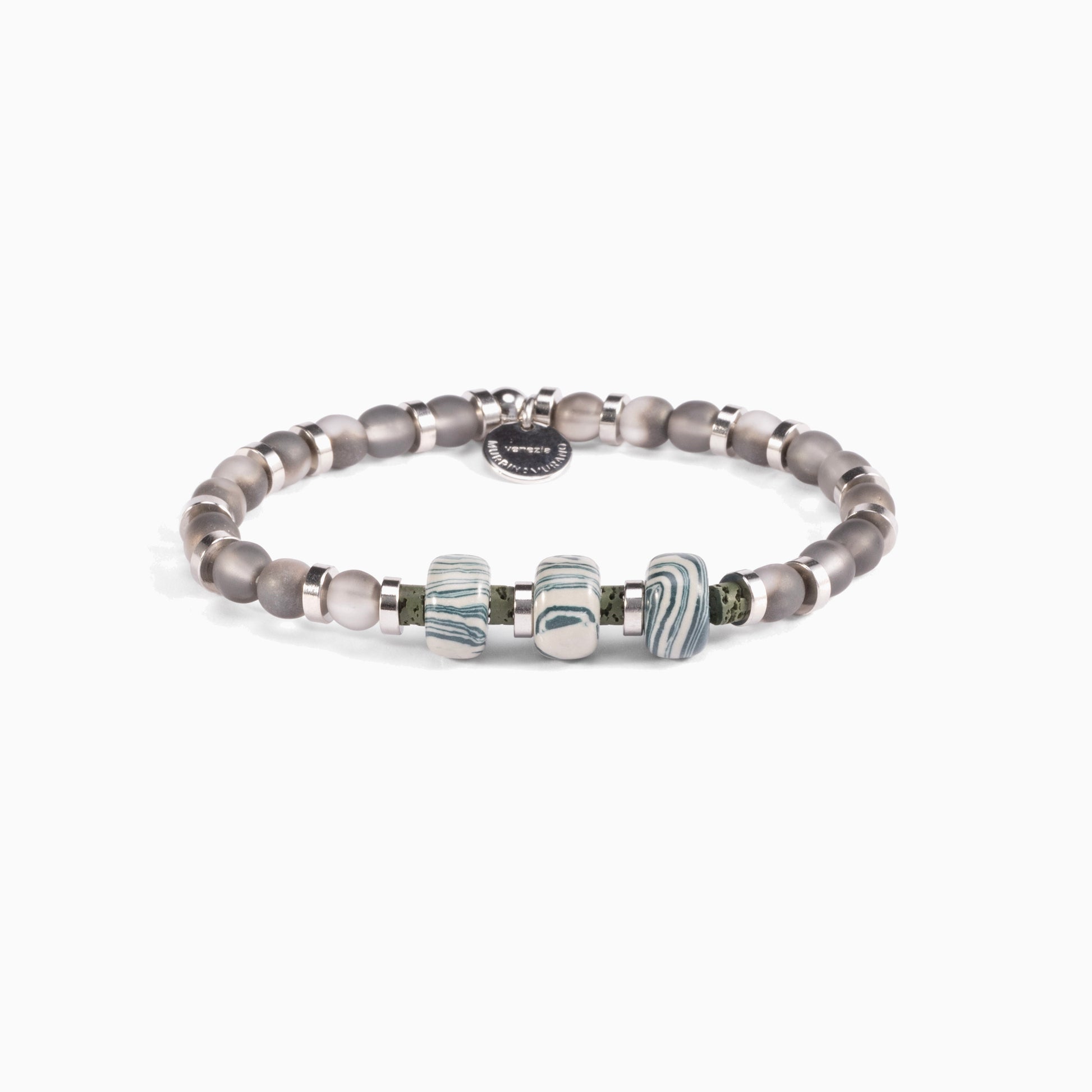 Burn men’s bracelet with ceramic, lava stone and steel elements, rhodium finish over stainless steel and brass, adjustable fit, contemporary Italian design.