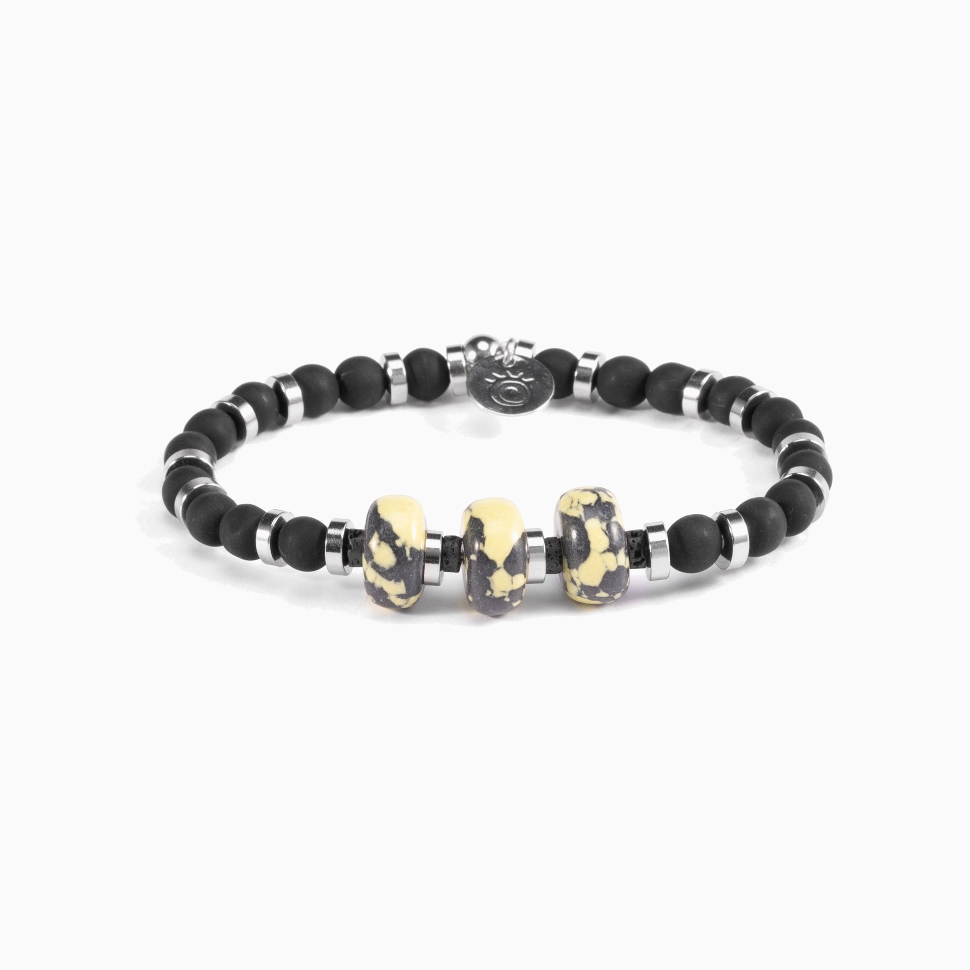Burn men's bracelet with ceramic, lava stone and steel elements, rhodium finish over stainless steel and brass, adjustable fit, contemporary Italian design — side view.