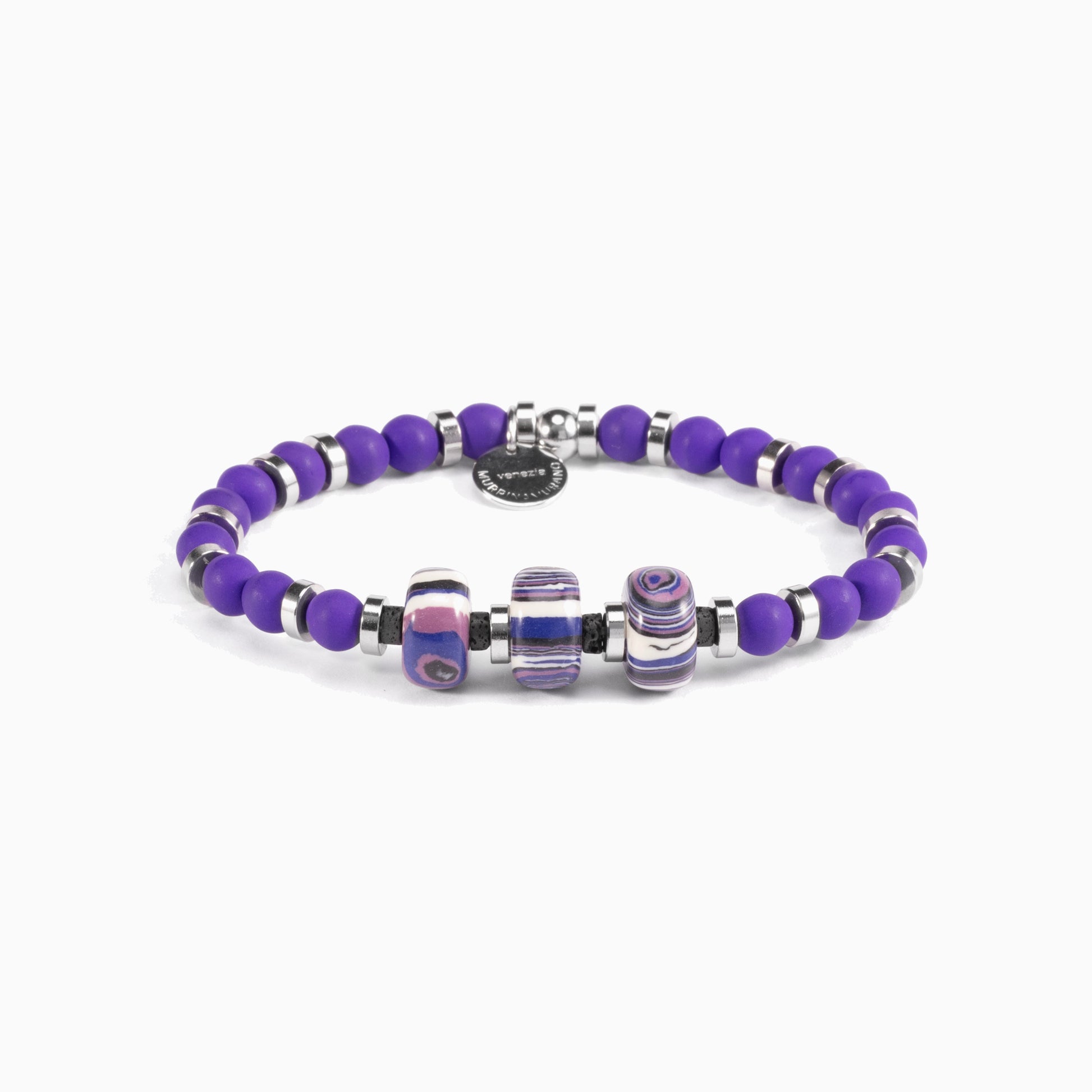 Burn men's bracelet with ceramic, lava stone and steel elements, rhodium finish over stainless steel and brass, adjustable fit, contemporary Italian design — detail of the ceramic and lava stone.
