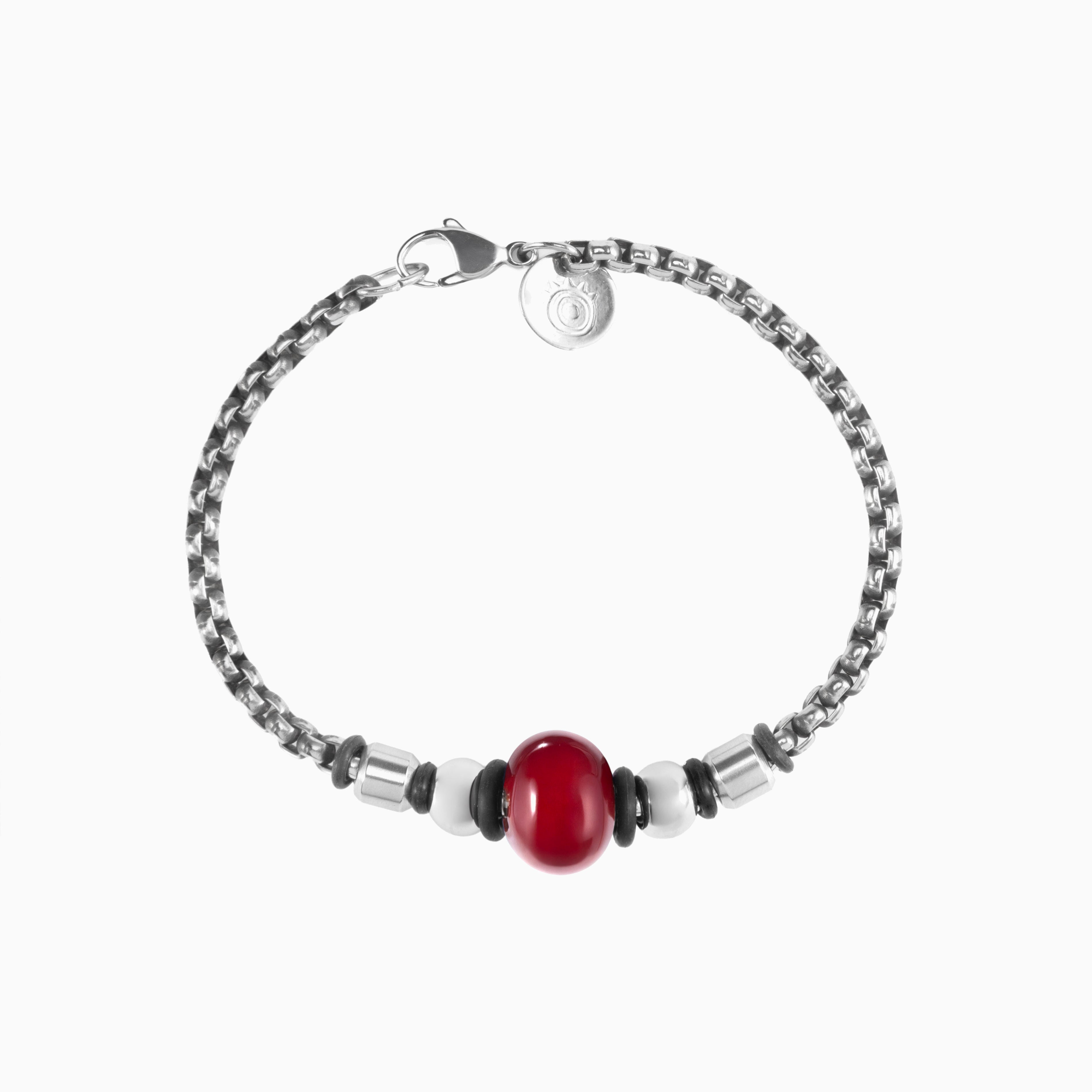 Steel Collection - Murano Glass Bracelet with red bead and chain links on a white background
