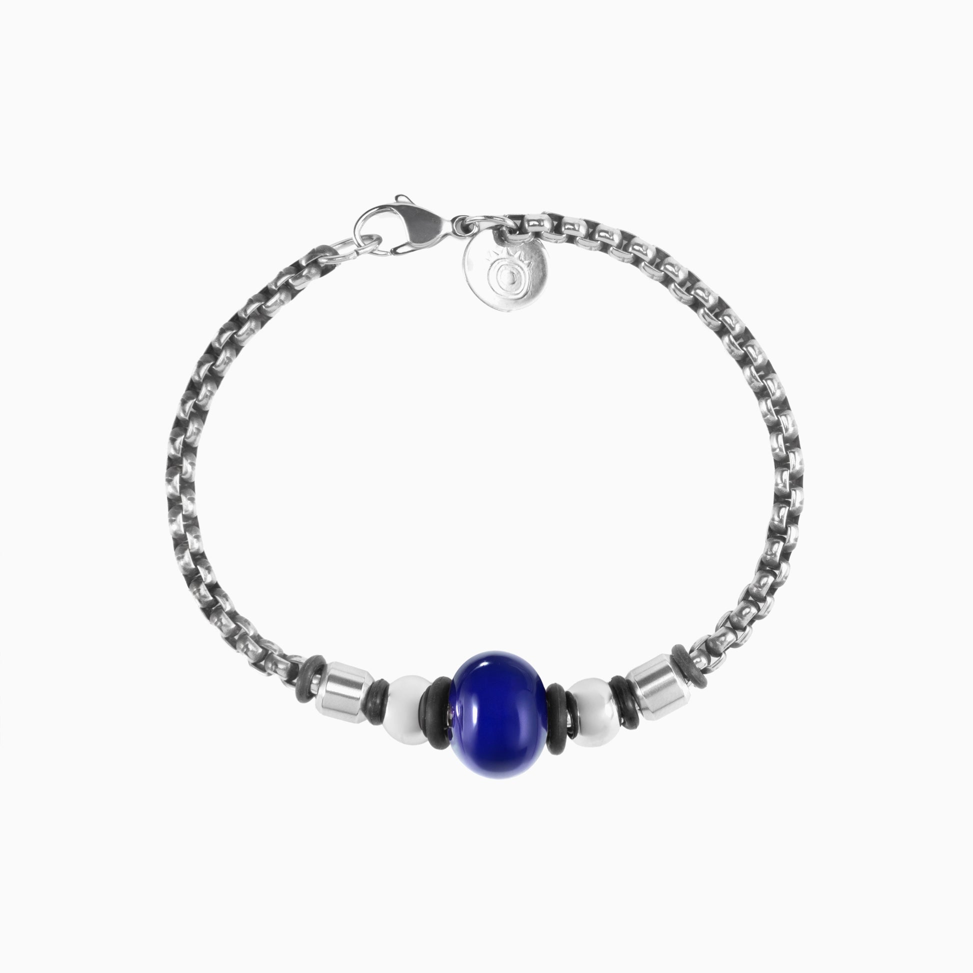 Steel Collection - Murano Glass Bracelet with blue bead and chain links on a white background