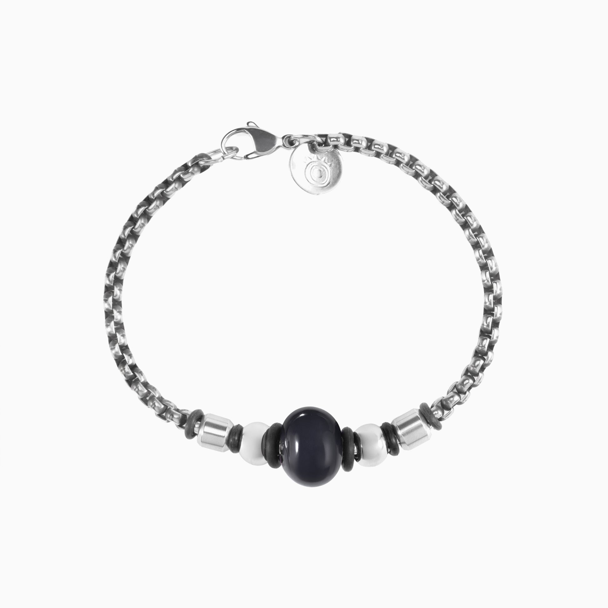 Steel Collection - Murano Glass Bracelet with black bead and silver chain on a white background