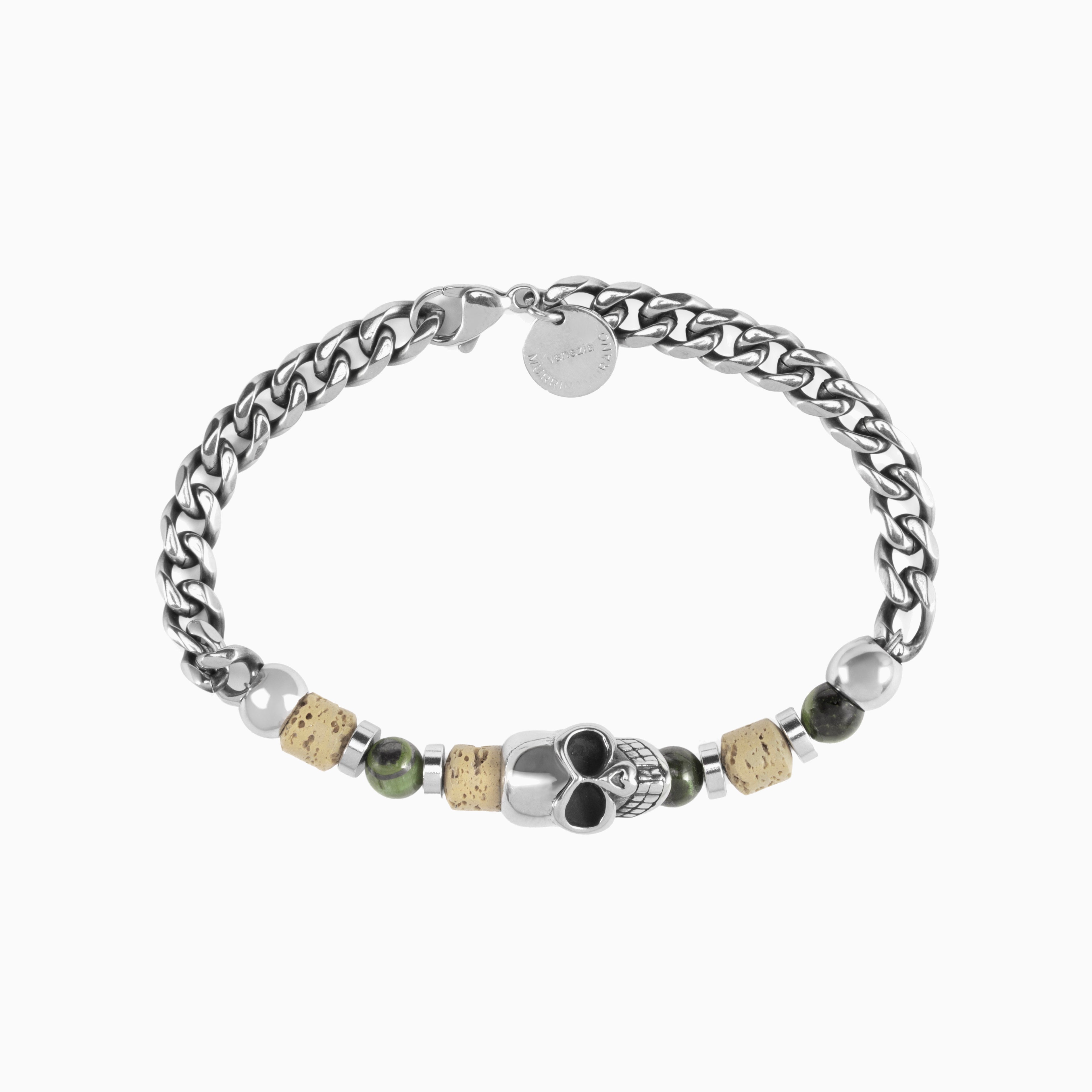 Dusk Collection men’s bracelet with stainless steel chain, lava stone, tiger eye and jasper beads, skull detail, 20 cm length, contemporary Italian design.