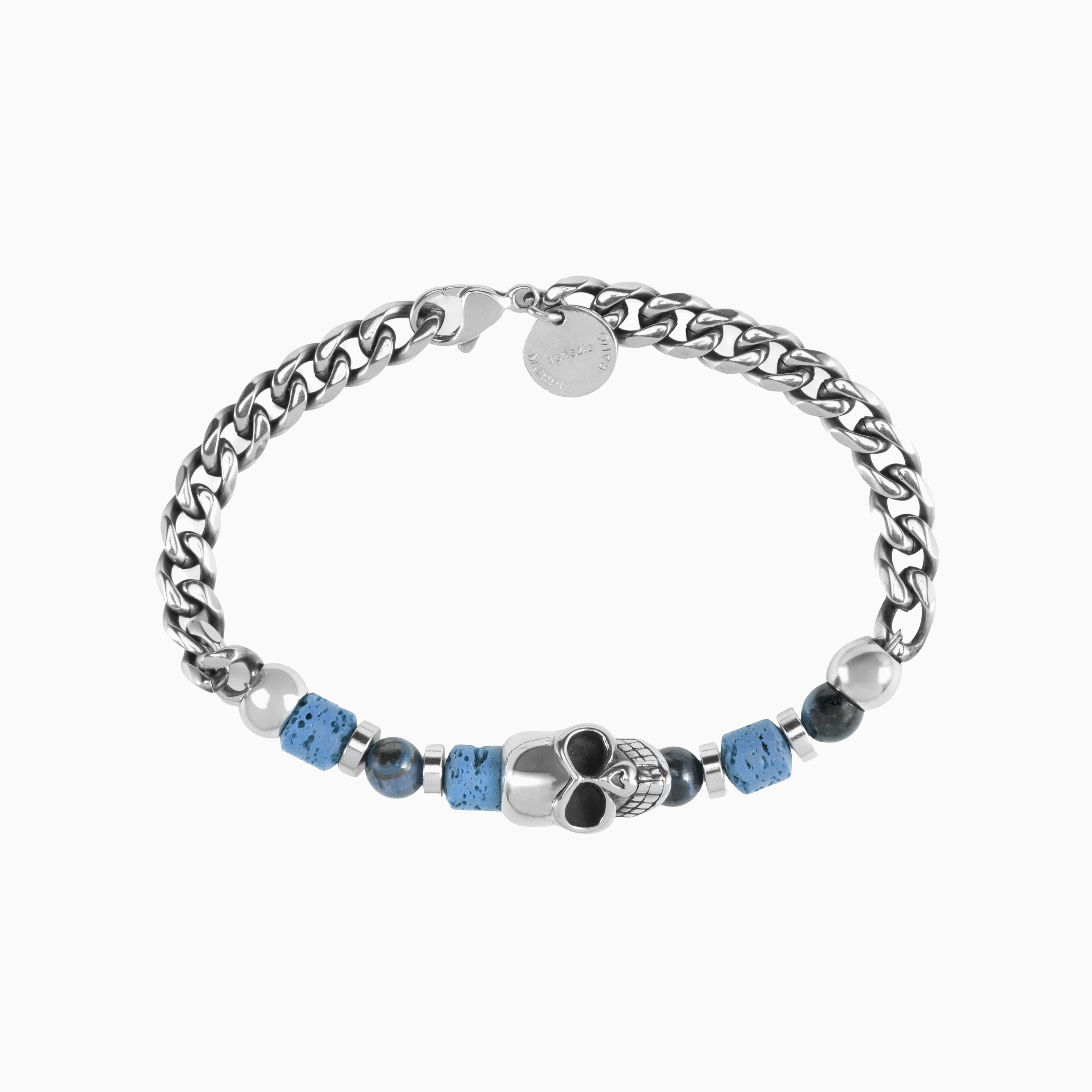 Dusk Collection men's bracelet with stainless steel chain, lava stone, tiger eye and jasper beads, skull detail, 20 cm length, contemporary Italian design — detail of the skull charm.