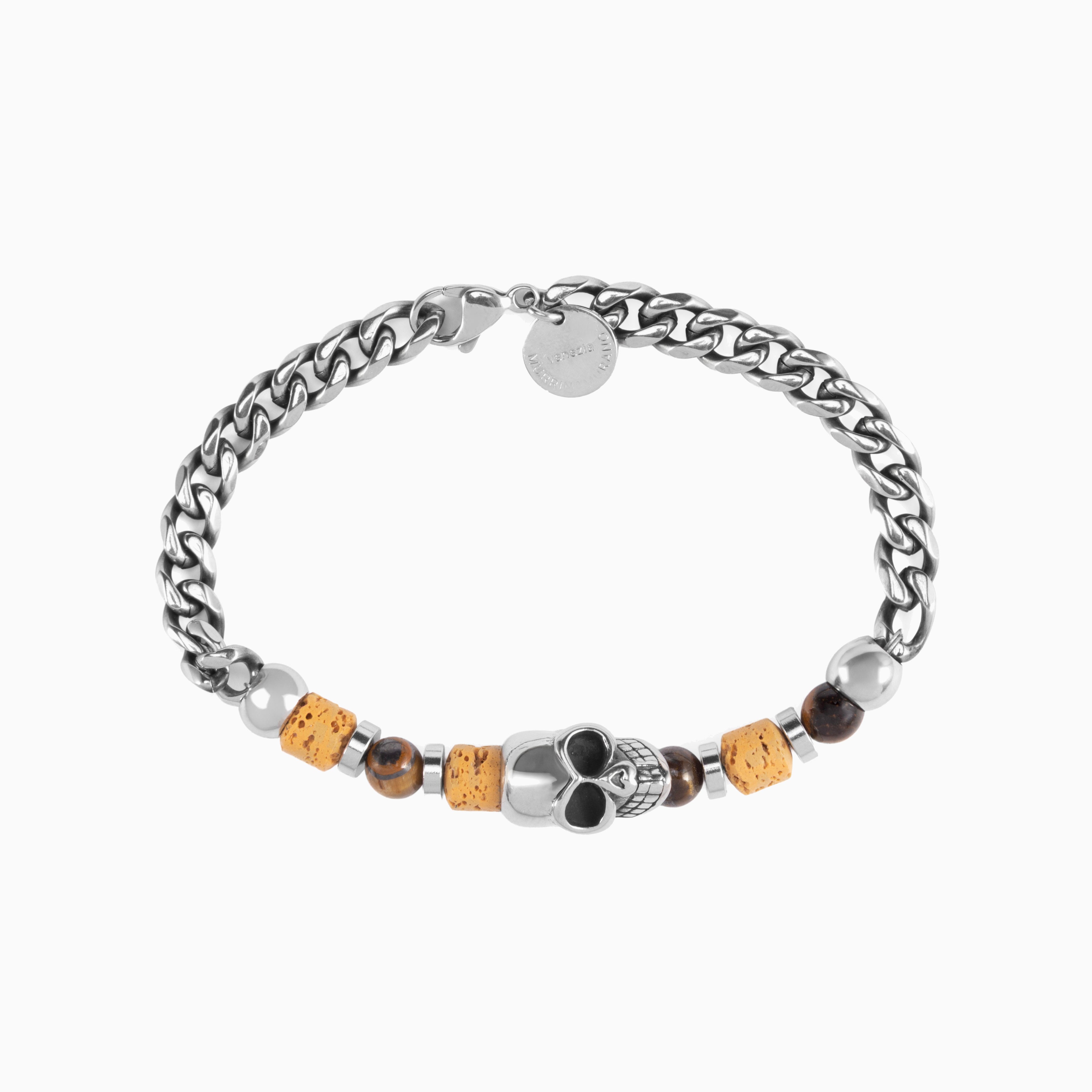 Dusk Collection men's bracelet with stainless steel chain, lava stone, tiger eye and jasper beads, skull detail, 20 cm length, contemporary Italian design — angled view.