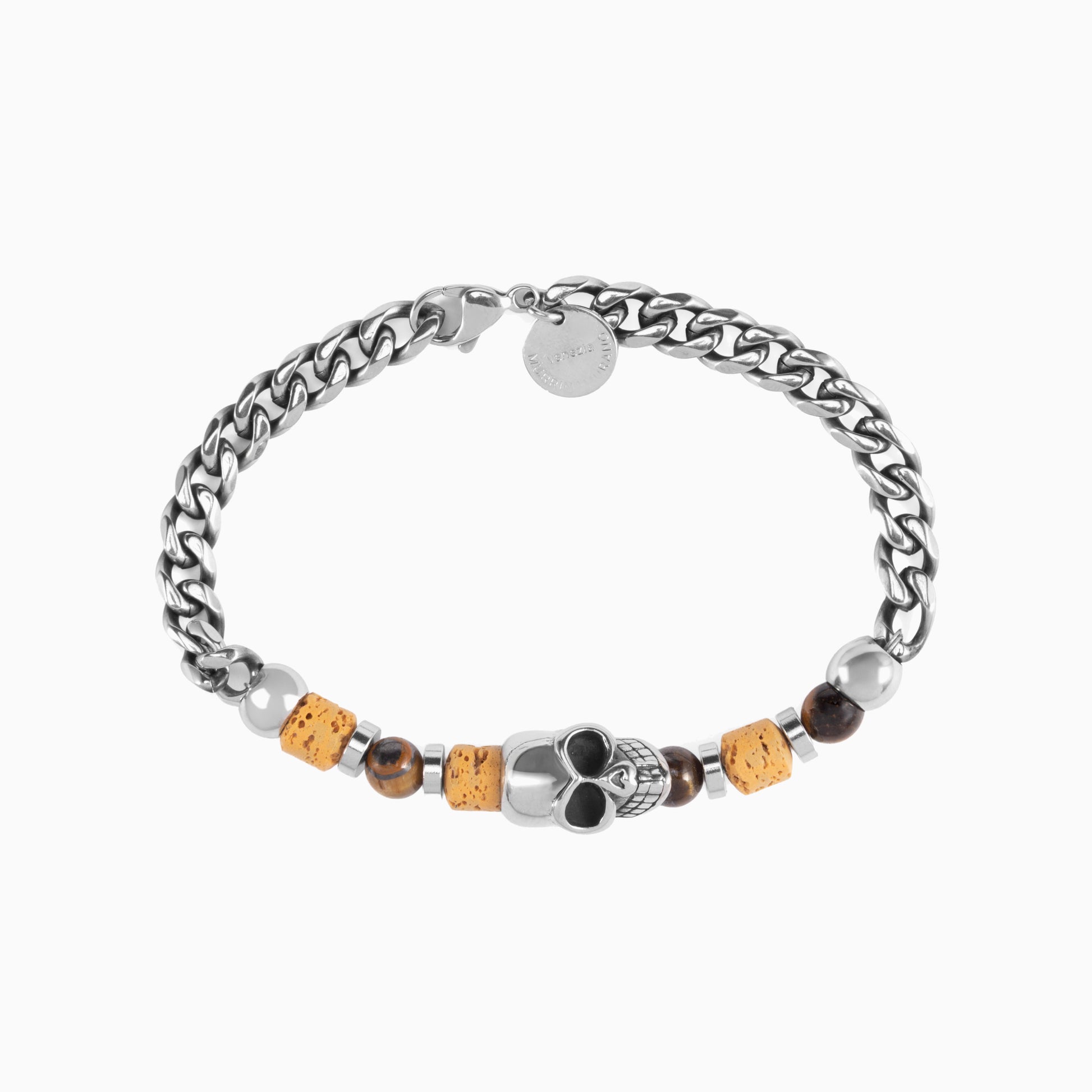Dusk Collection men's bracelet with stainless steel chain, lava stone, tiger eye and jasper beads, skull detail, 20 cm length, contemporary Italian design — angled view.