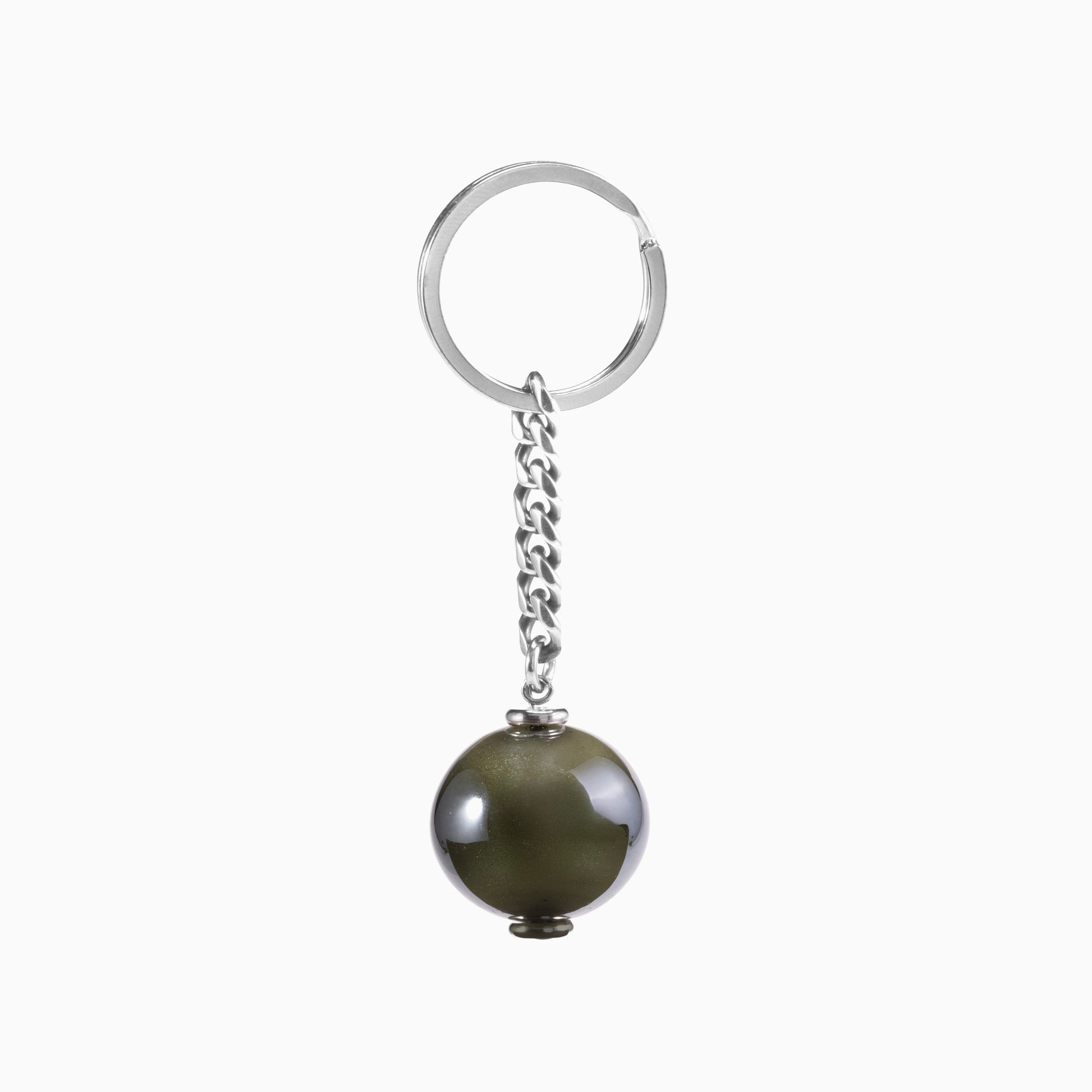Chunk Collection Murano glass men's keychain, stainless steel and brass with rhodium finish, 9 cm length, handcrafted in Venice, Italy — angled view.