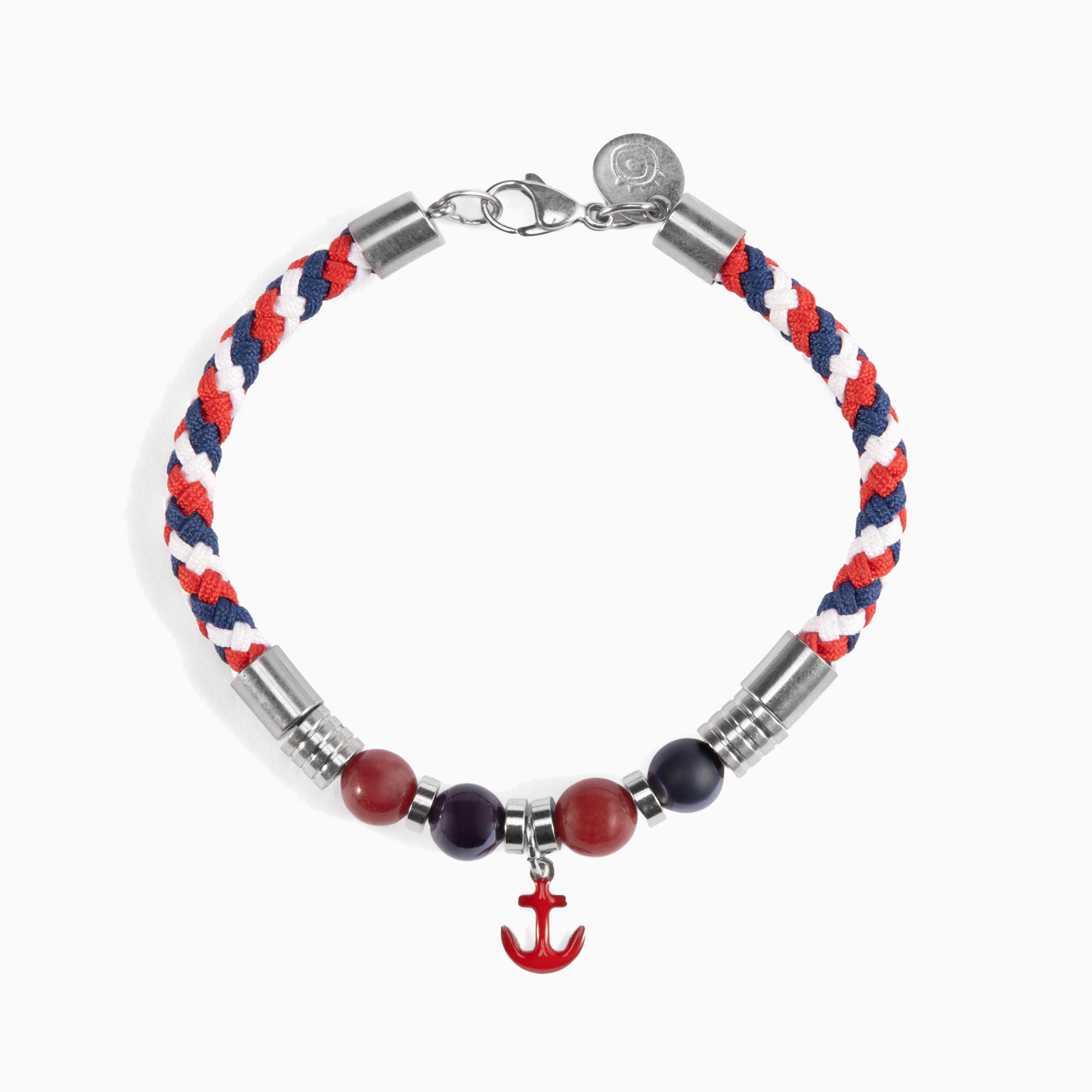 Strike Collection - Murano Glass Bracelet with red, white, and blue braided design, silver metal accents, and a red anchor charm on a white background.