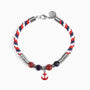 Strike Collection - Murano Glass Bracelet with red, white, and blue braided design, silver metal accents, and a red anchor charm on a white background.