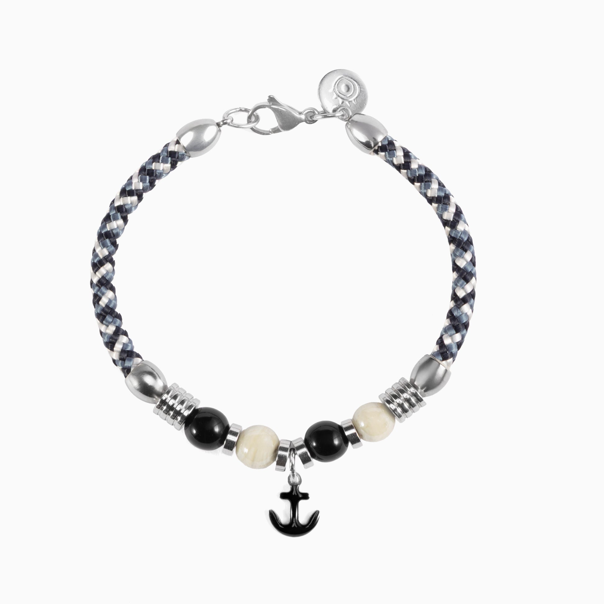 Strike Collection - Murano Glass Bracelet with black, white, and gray beads and an anchor charm on a white background