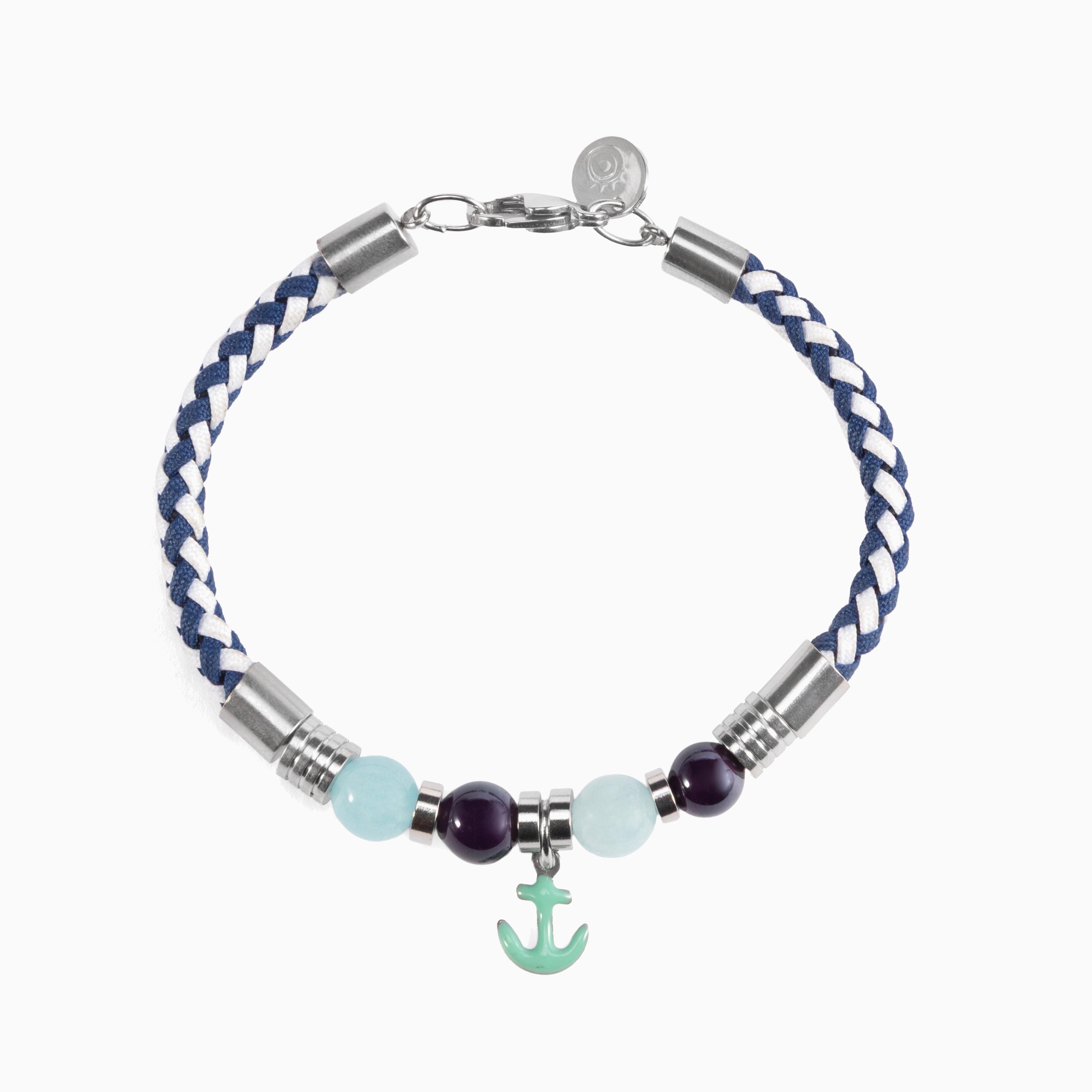 Strike Collection - Murano Glass Bracelet with braided design, silver beads, and an anchor charm on a white background