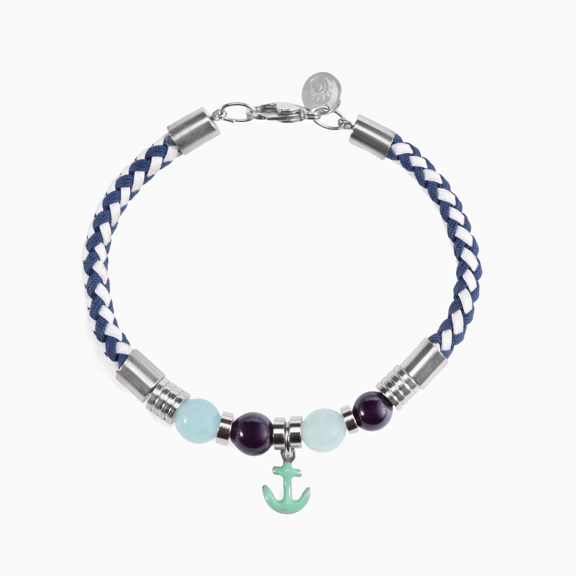 Strike Collection - Murano Glass Bracelet with braided design, silver beads, and an anchor charm on a white background