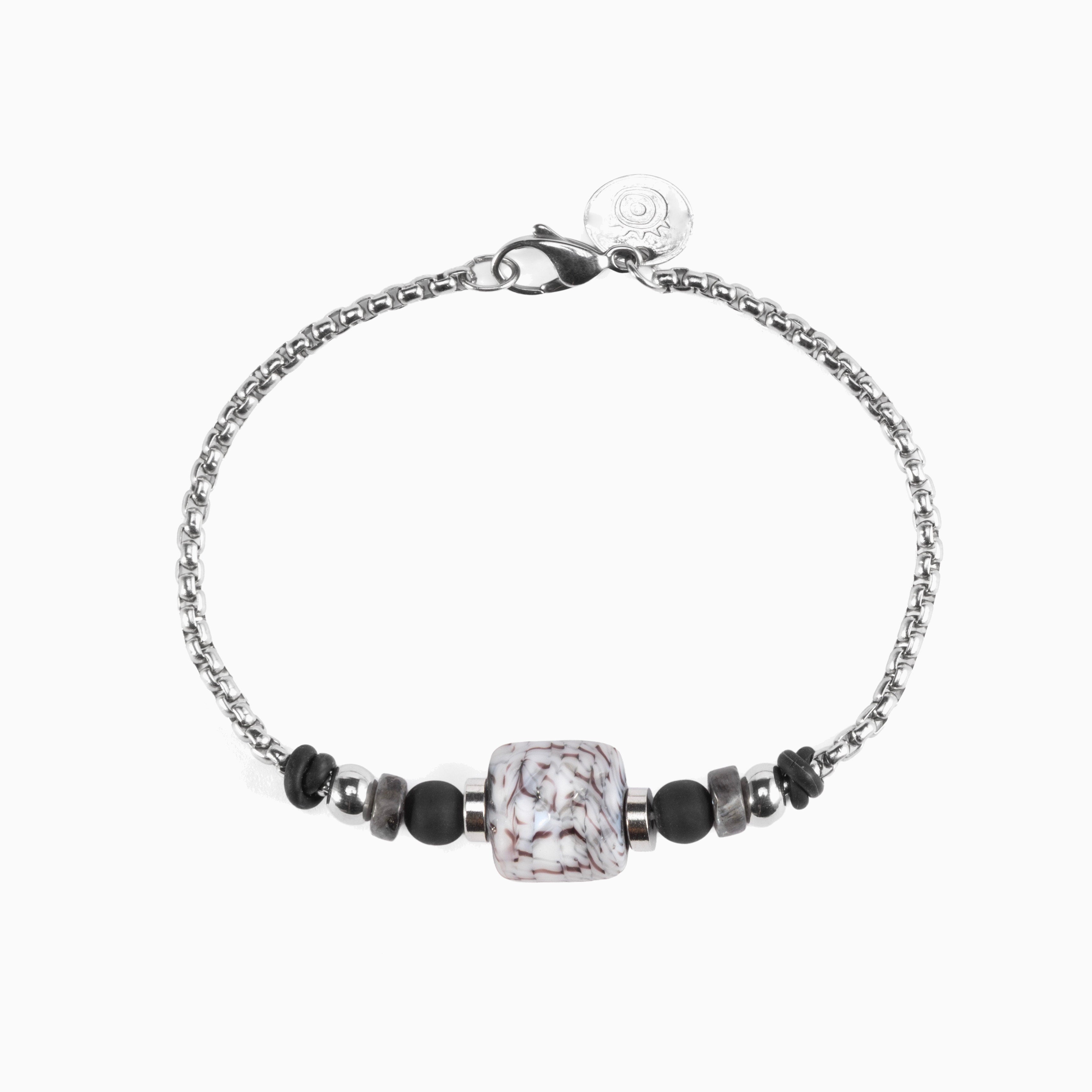 Weld Collection — Murano glass and lava stone men's bracelet with beads on a white background, detail view.