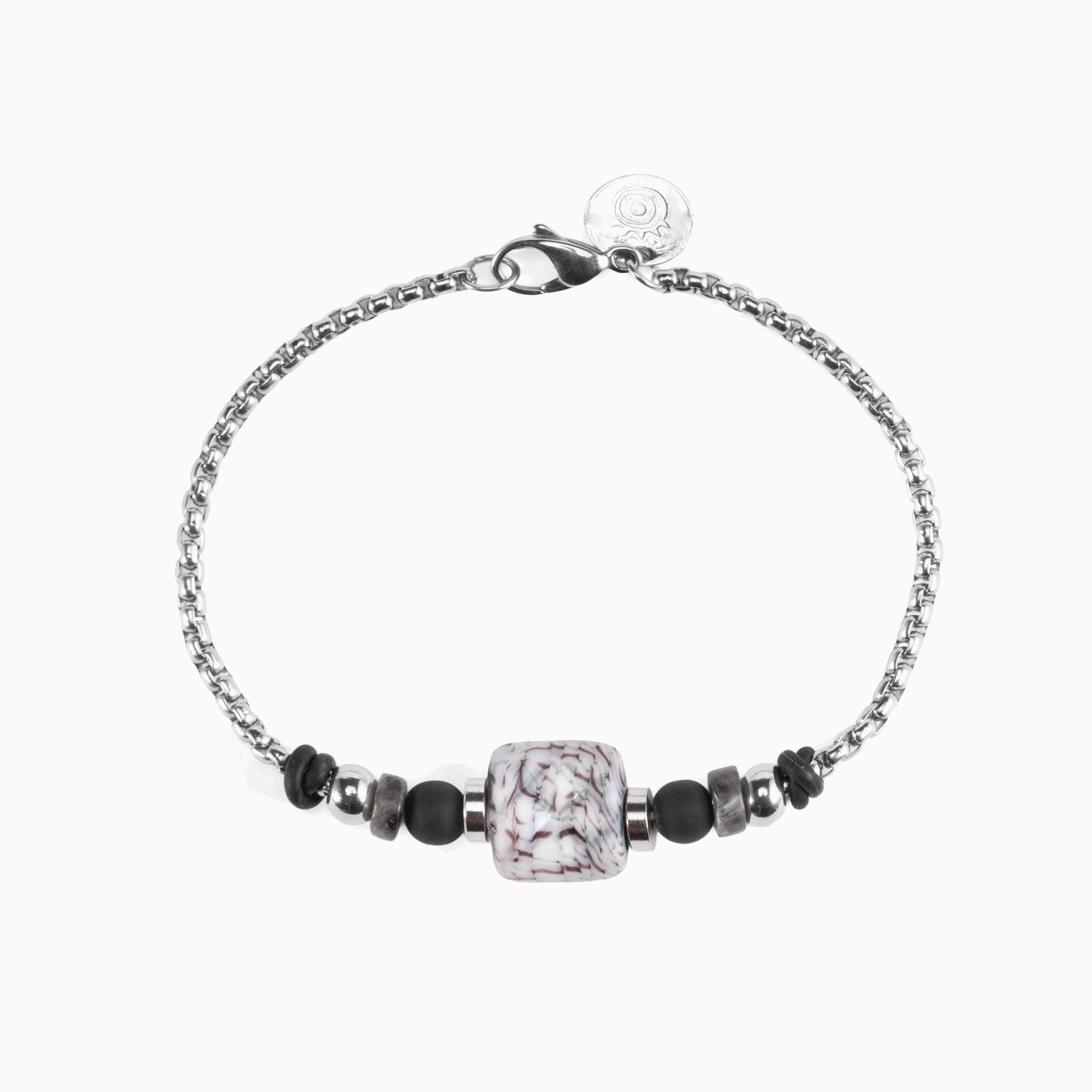 Weld Collection — Murano glass and lava stone men's bracelet with beads on a white background, detail view.
