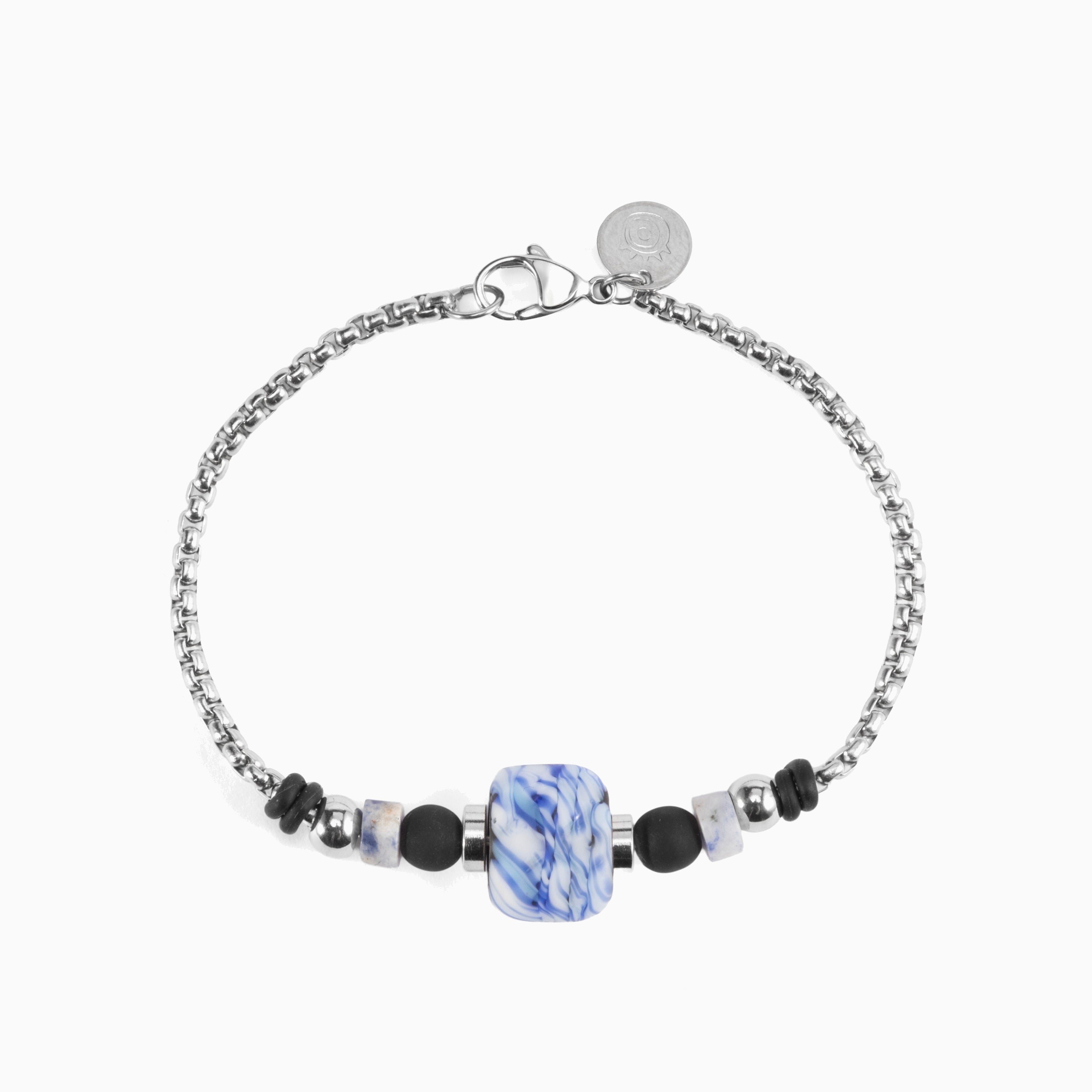 Weld Collection - Murano Glass Bracelet with blue and white marbled bead on a silver chain against a white background