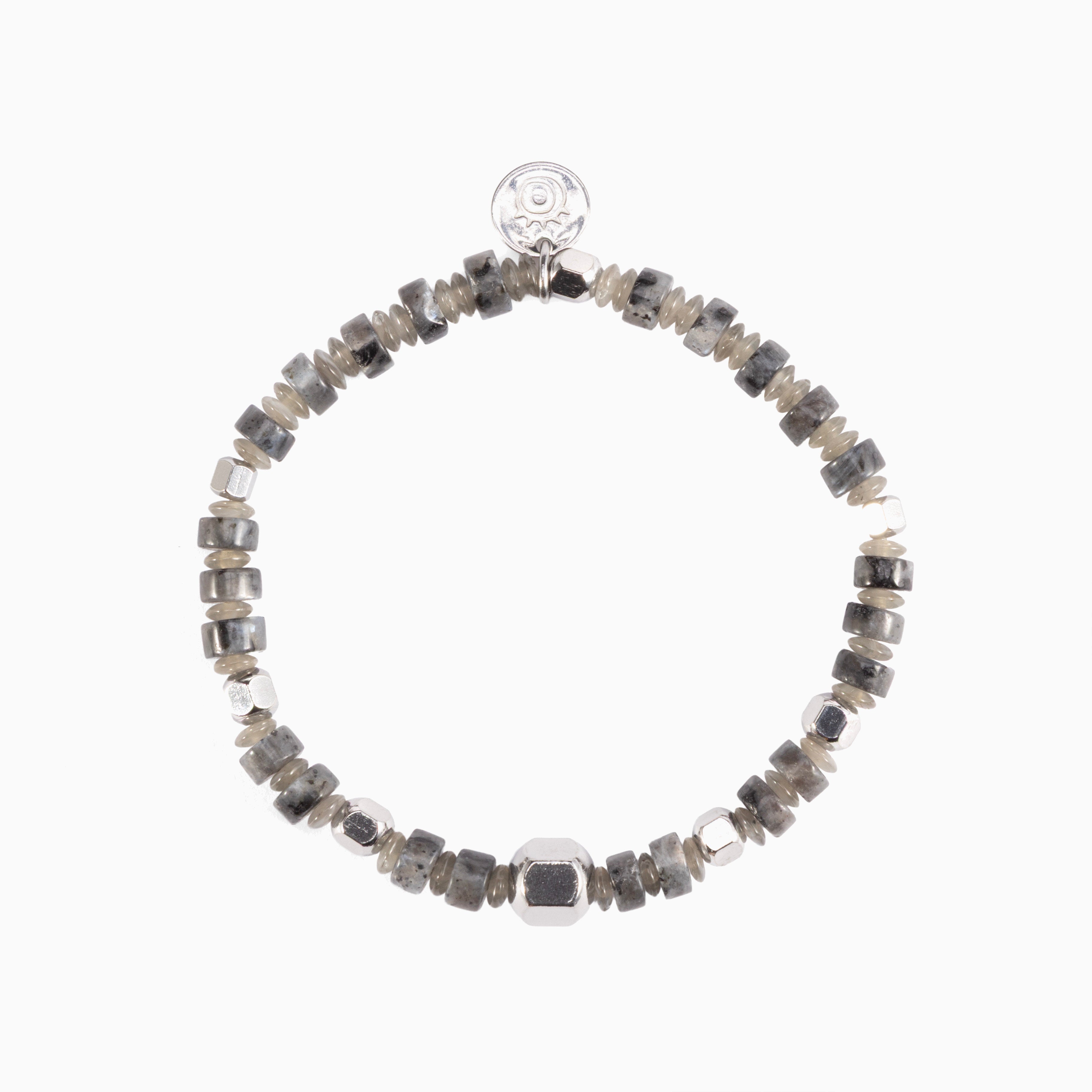 Blank men’s bracelet with jasper, lapis lazuli, labradorite and tiger eye stones, rhodium finish over stainless steel and brass, adjustable stretch fit, contemporary Italian design.