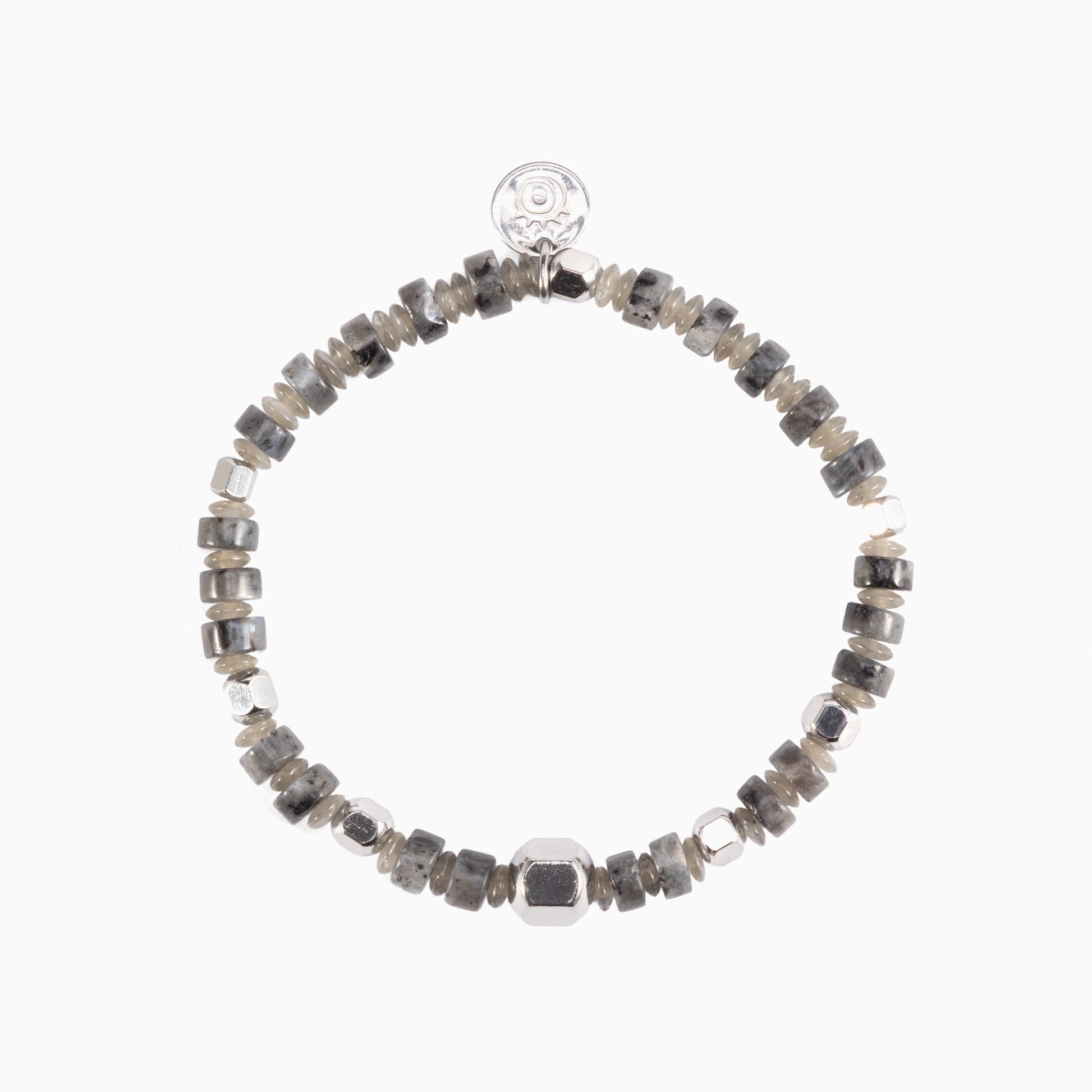 Blank men’s bracelet with jasper, lapis lazuli, labradorite and tiger eye stones, rhodium finish over stainless steel and brass, adjustable stretch fit, contemporary Italian design.