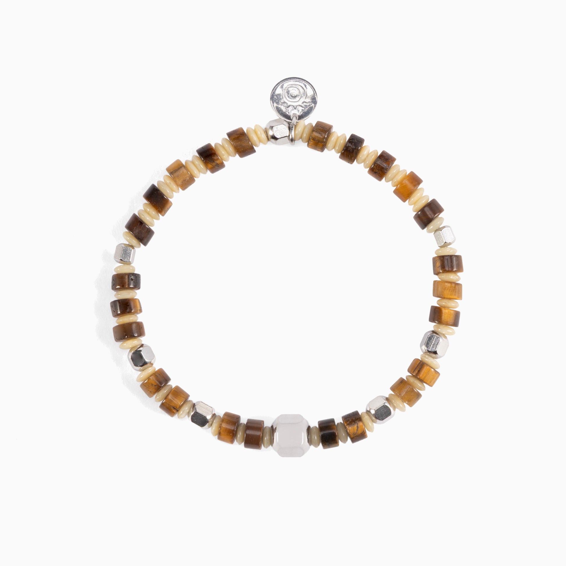 Blank men's bracelet with jasper, lapis lazuli, labradorite and tiger eye stones, rhodium finish over stainless steel and brass, adjustable stretch fit, contemporary Italian design — angled view.