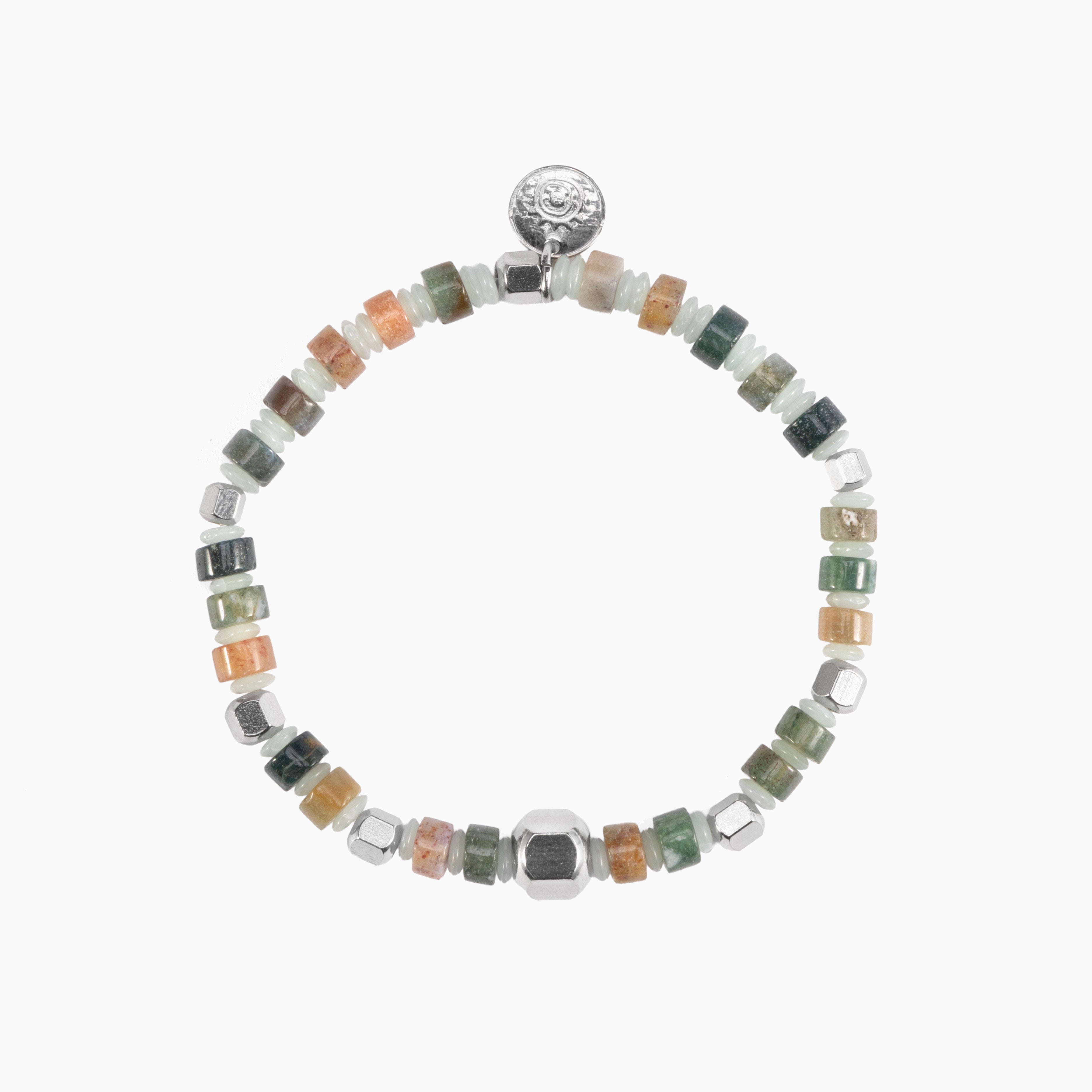 Blank men's bracelet with jasper, lapis lazuli, labradorite and tiger eye stones, rhodium finish over stainless steel and brass, adjustable stretch fit, contemporary Italian design — side view.