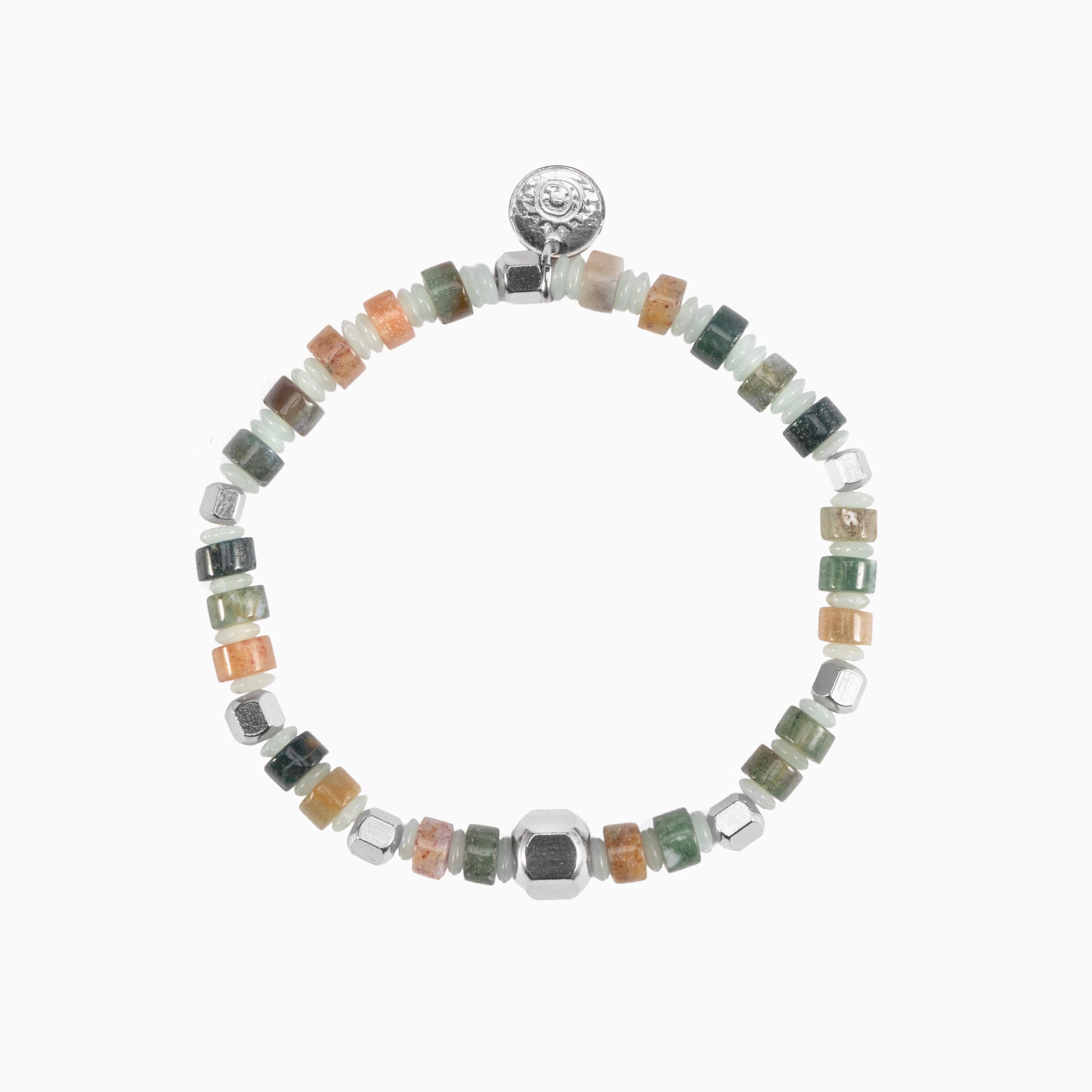 Blank men's bracelet with jasper, lapis lazuli, labradorite and tiger eye stones, rhodium finish over stainless steel and brass, adjustable stretch fit, contemporary Italian design — side view.