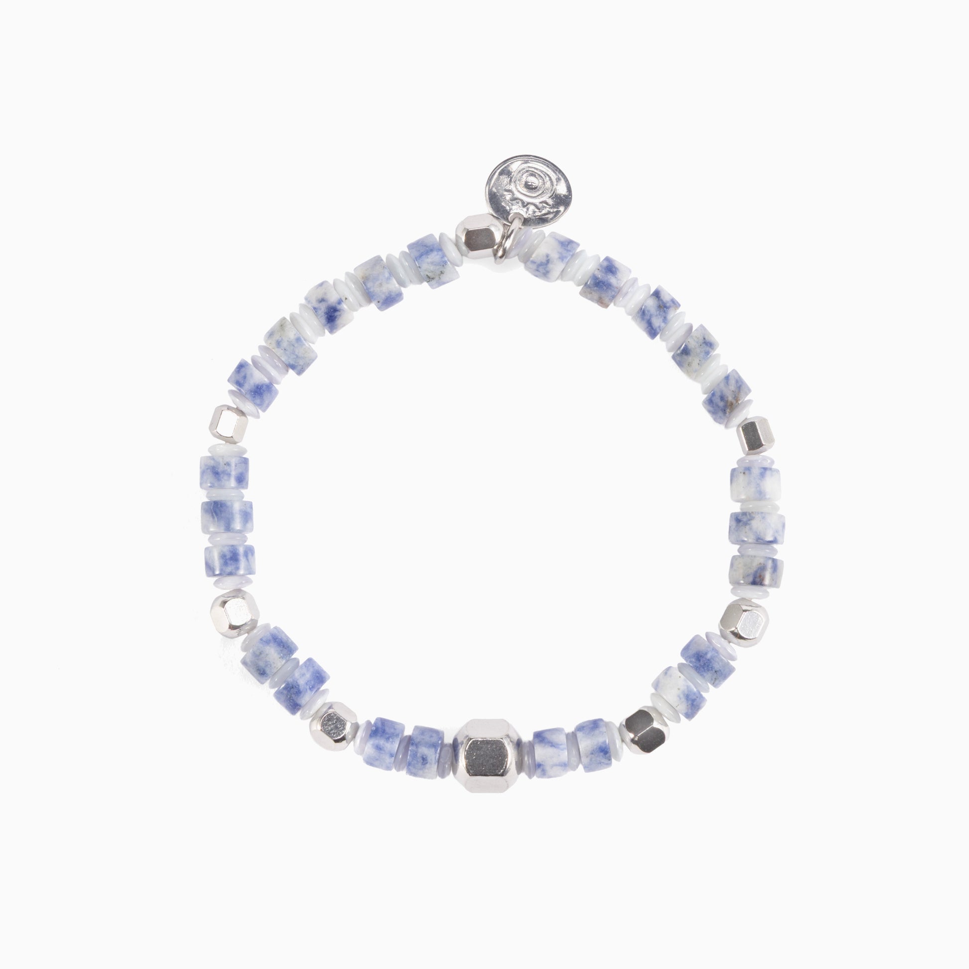 Blank men's bracelet with jasper, lapis lazuli, labradorite and tiger eye stones, rhodium finish over stainless steel and brass, adjustable stretch fit, contemporary Italian design — detail of the stones.