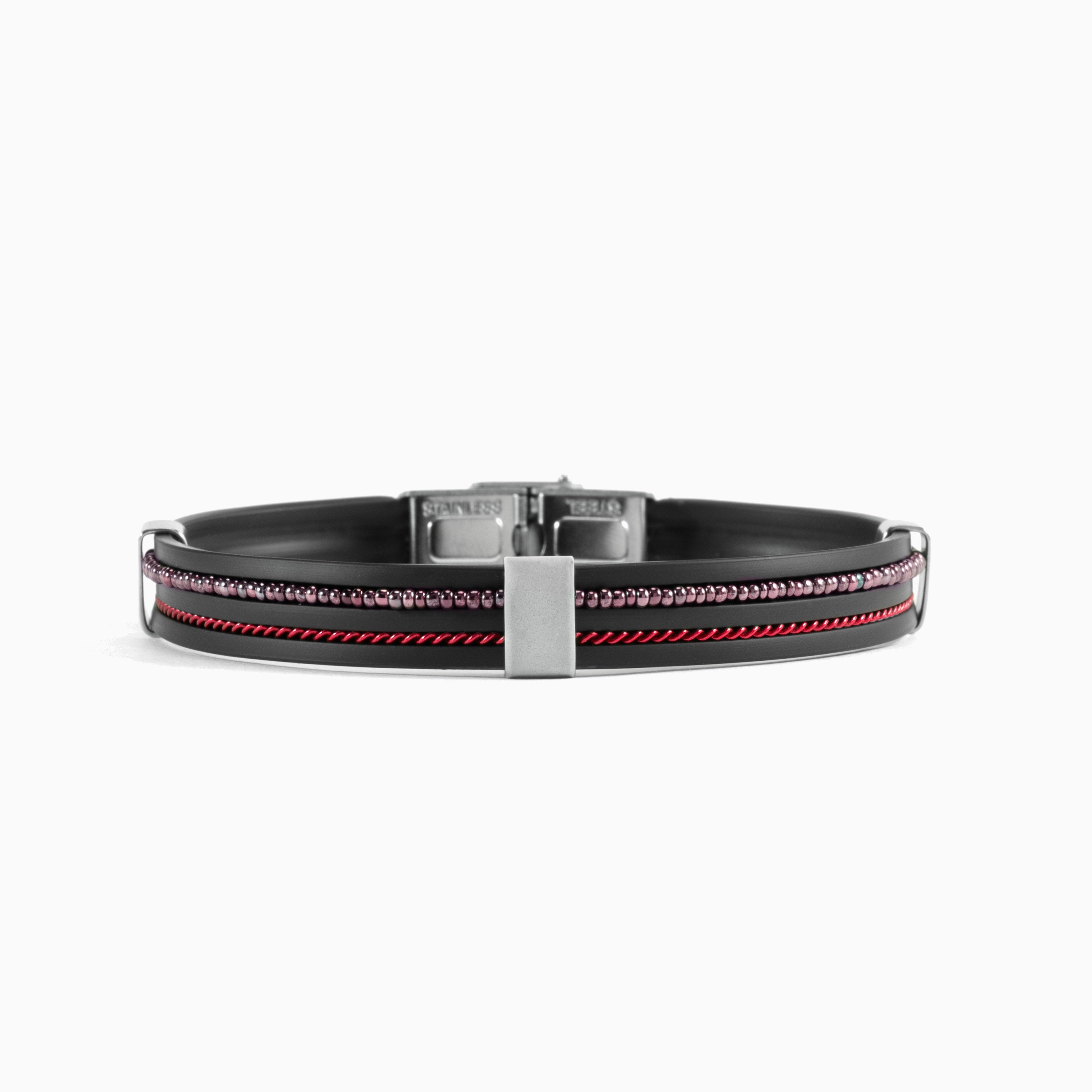 Grain Collection men’s bracelet with steel, glass and rubber, rhodium finish over stainless steel and brass, 20 cm length.