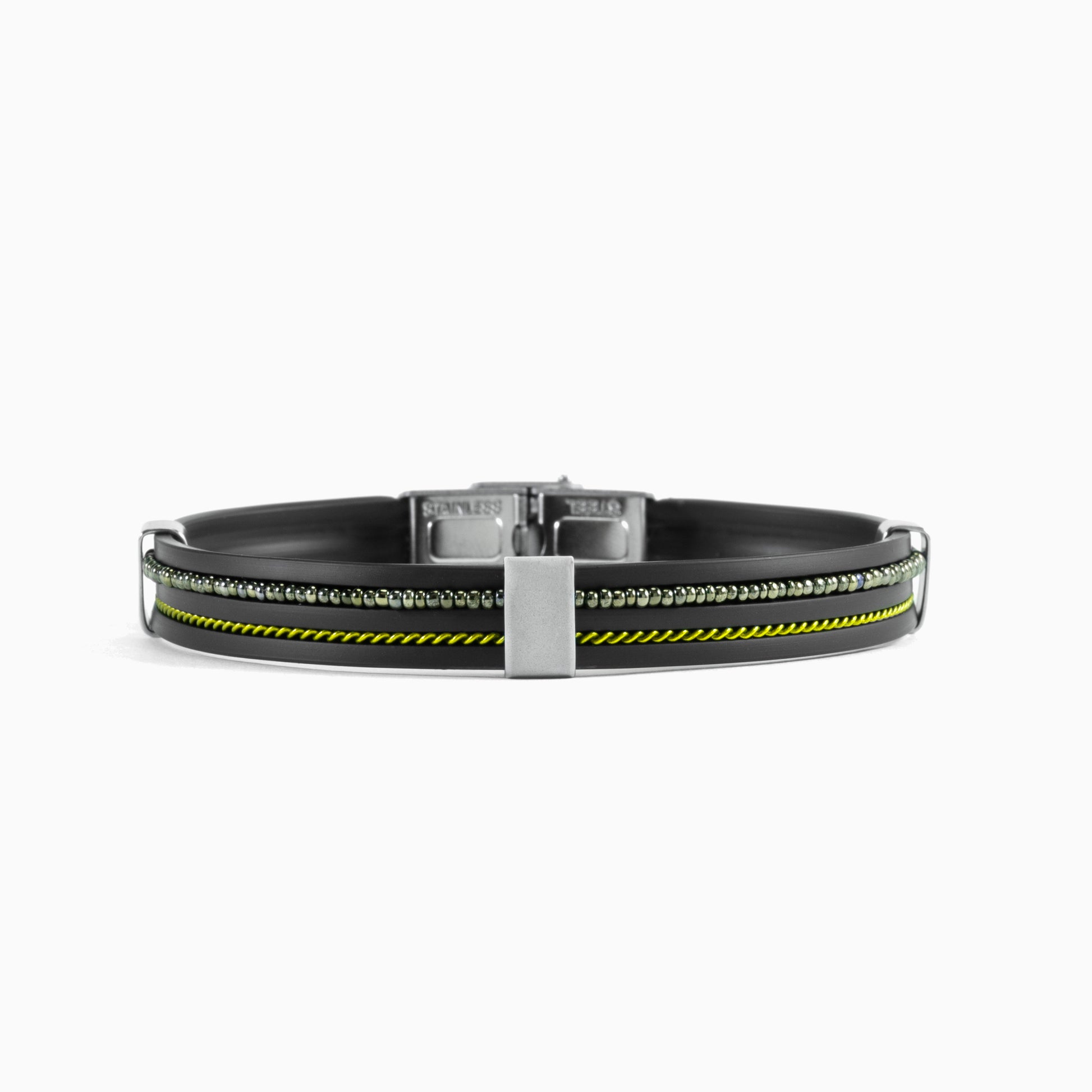 Grain Collection men's bracelet with steel, glass and rubber, rhodium finish over stainless steel and brass, 20 cm length — angled view.