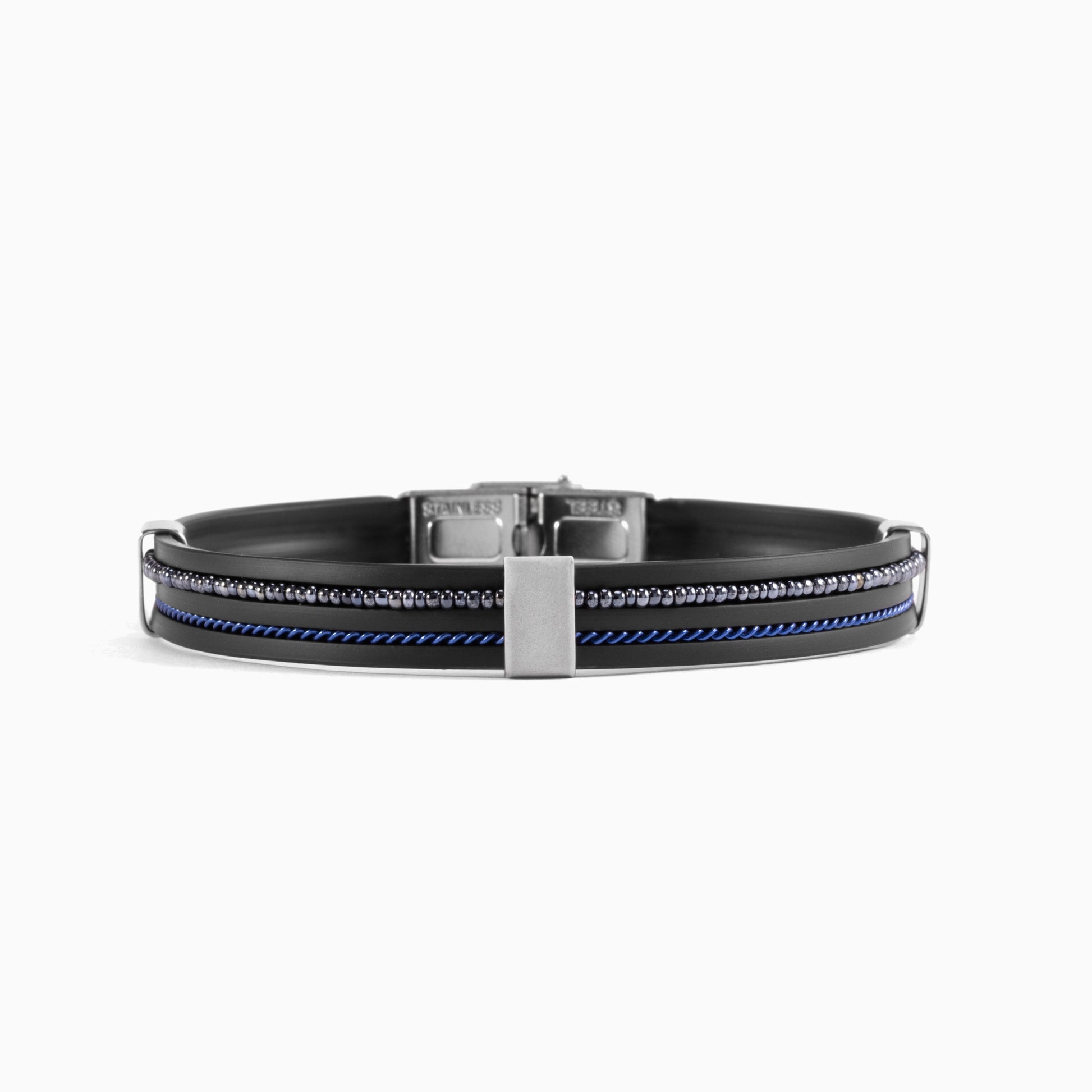 Grain Collection men's bracelet with steel, glass and rubber, rhodium finish over stainless steel and brass, 20 cm length — side view.