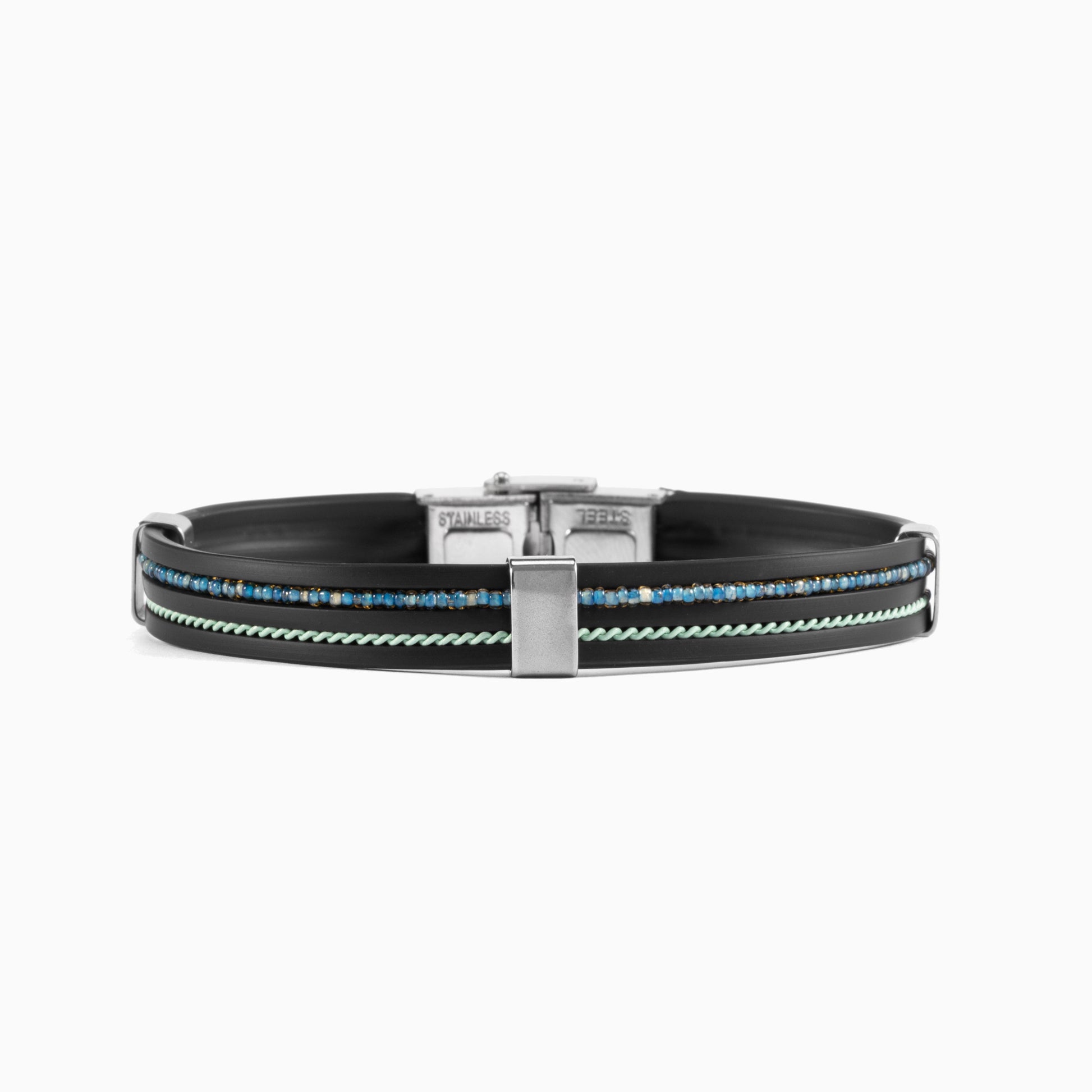 Grain Collection men's bracelet with steel, glass and rubber, rhodium finish over stainless steel and brass, 20 cm length — detail view.