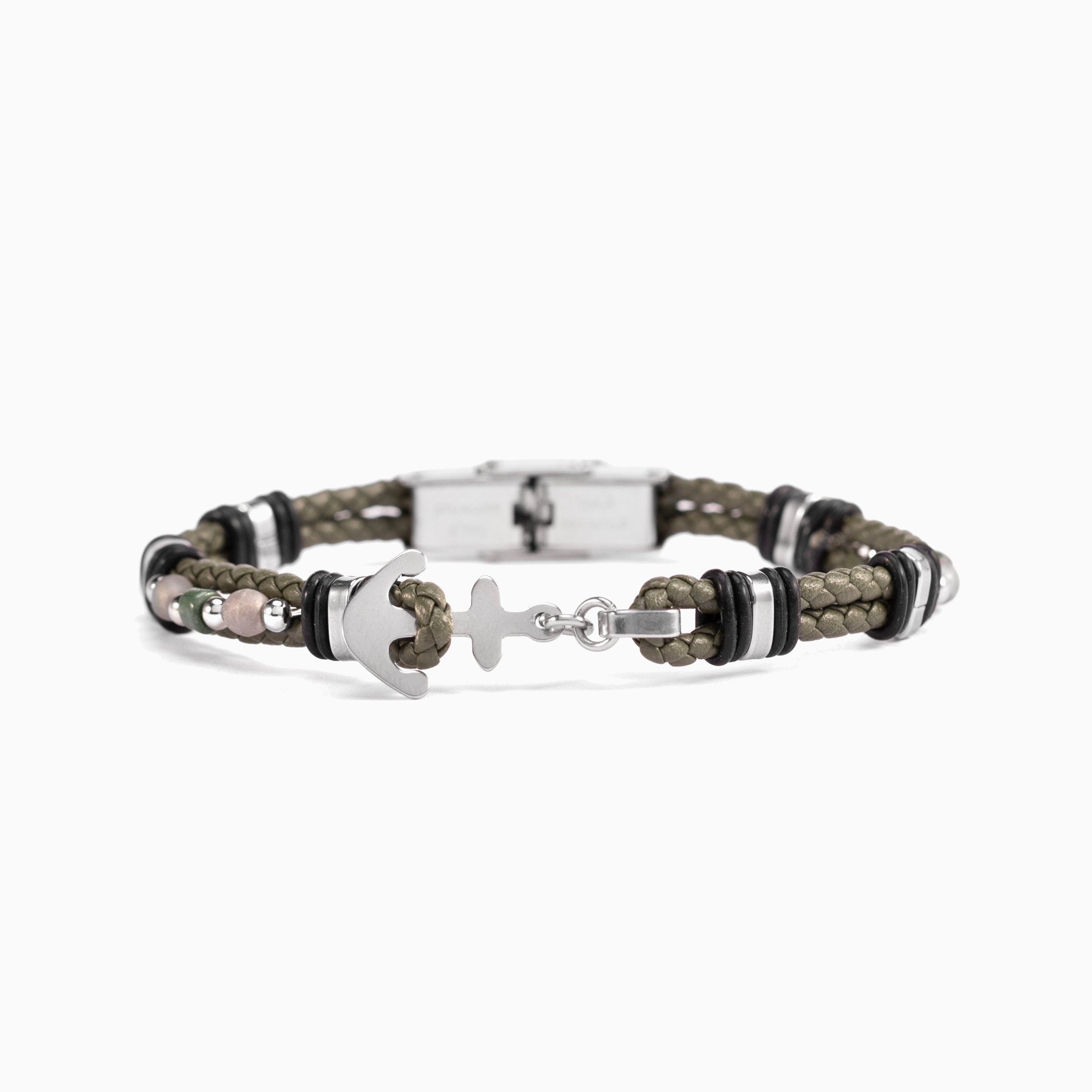 Drift Collection men's bracelet with braided leather, stainless steel anchor detail and silicone accents, 21 cm length, contemporary Italian men's jewelry.