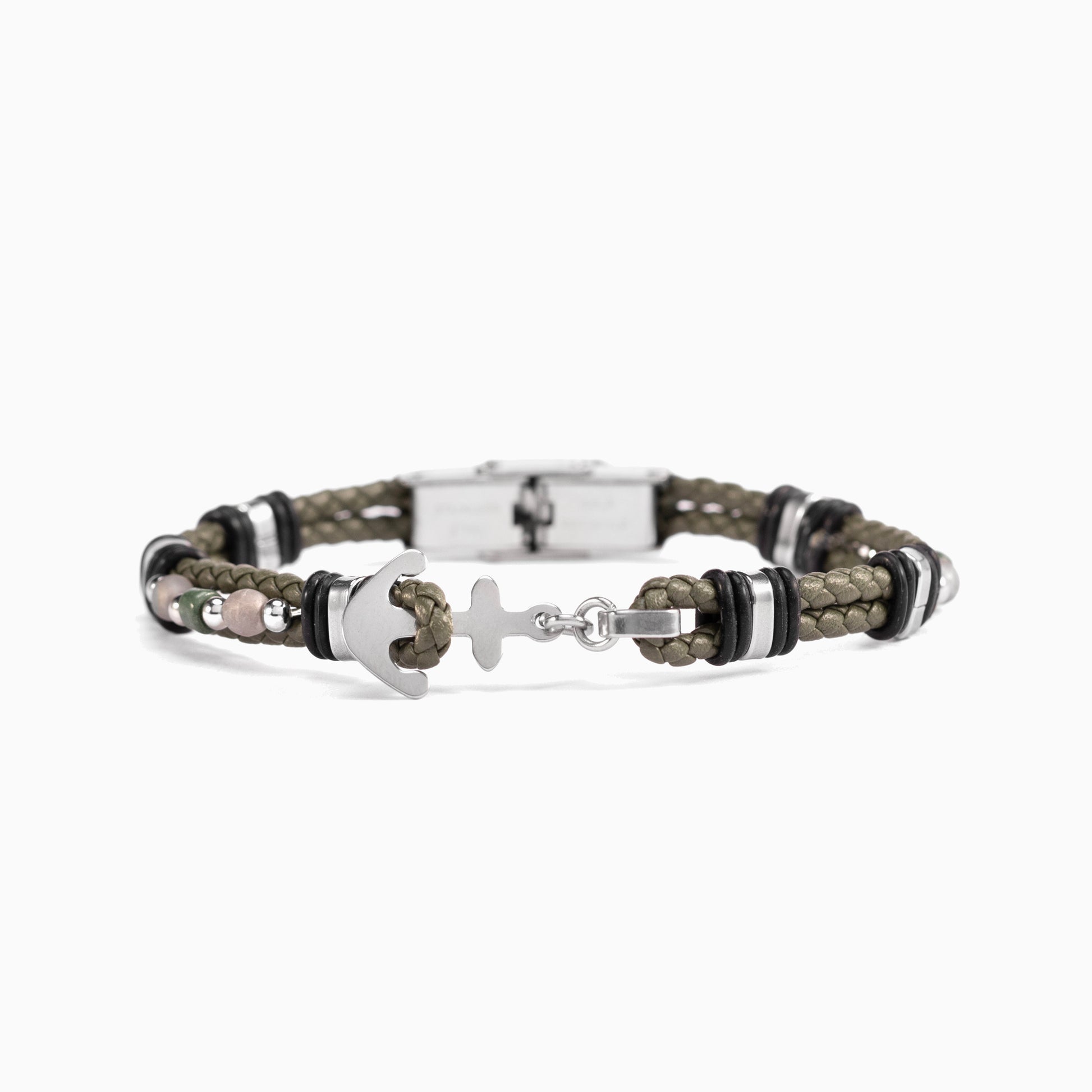 Drift Collection men's bracelet with braided leather, stainless steel anchor detail and silicone accents, 21 cm length, contemporary Italian men's jewelry.