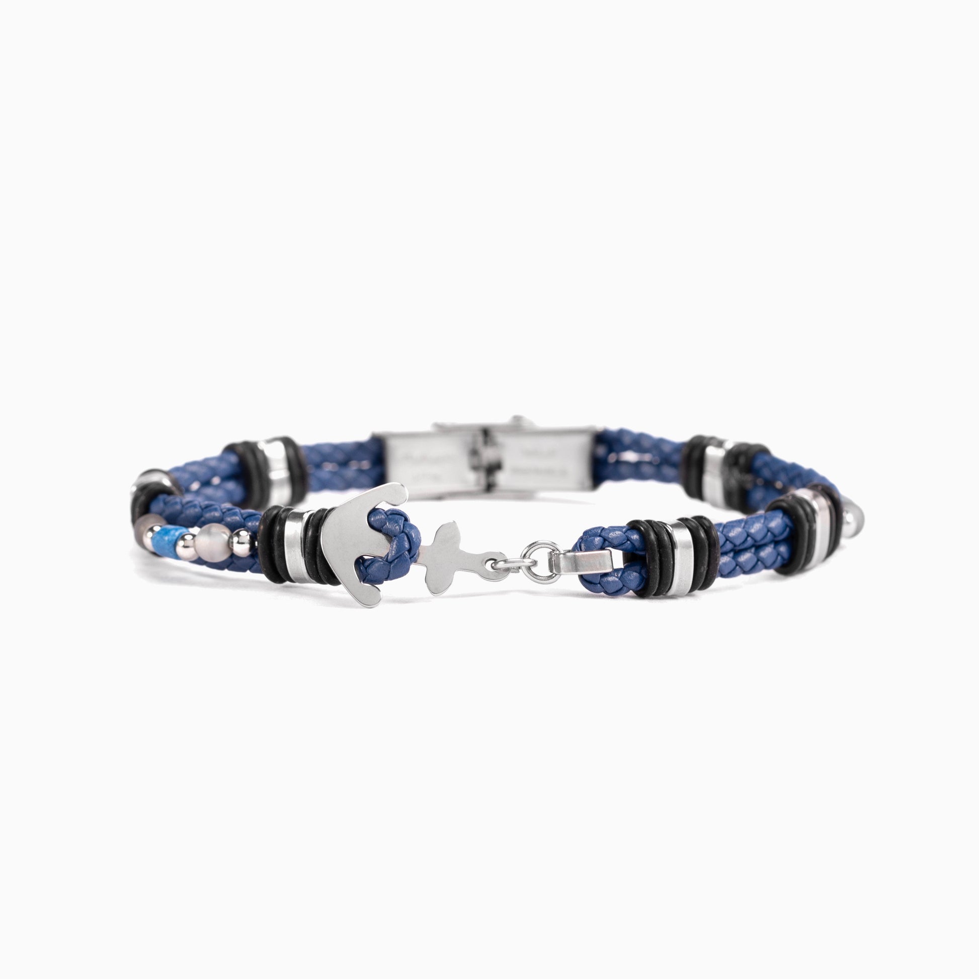 Drift Collection men's bracelet with braided leather, stainless steel anchor detail and silicone accents, 21 cm length, contemporary Italian men's jewelry.