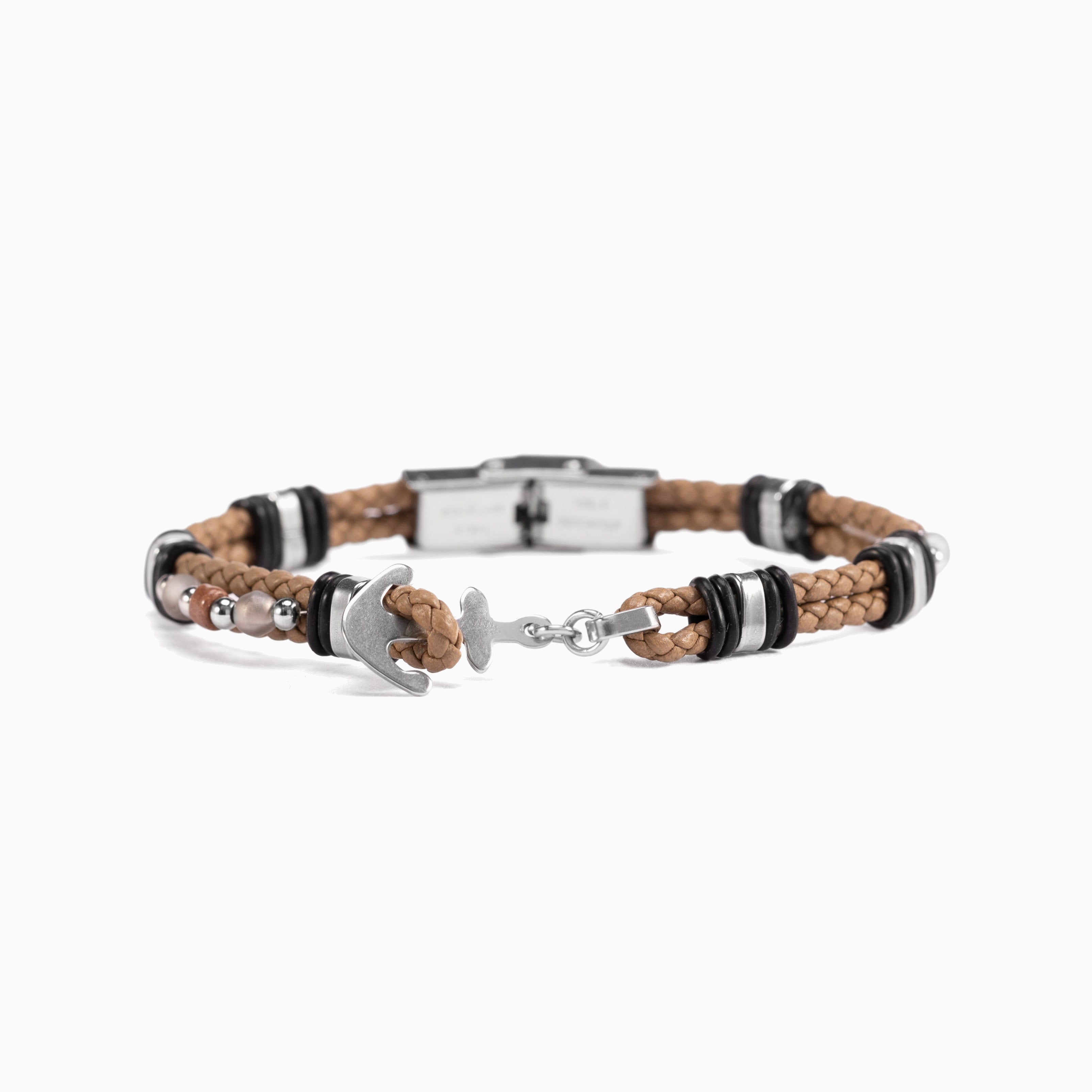 Drift Collection men's bracelet with braided leather, stainless steel anchor detail and silicone accents, 21 cm length, contemporary Italian men's jewelry — side view.