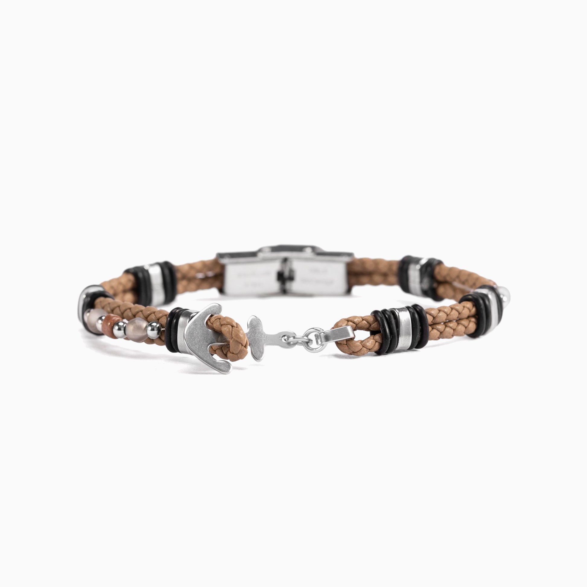 Drift Collection men's bracelet with braided leather, stainless steel anchor detail and silicone accents, 21 cm length, contemporary Italian men's jewelry.