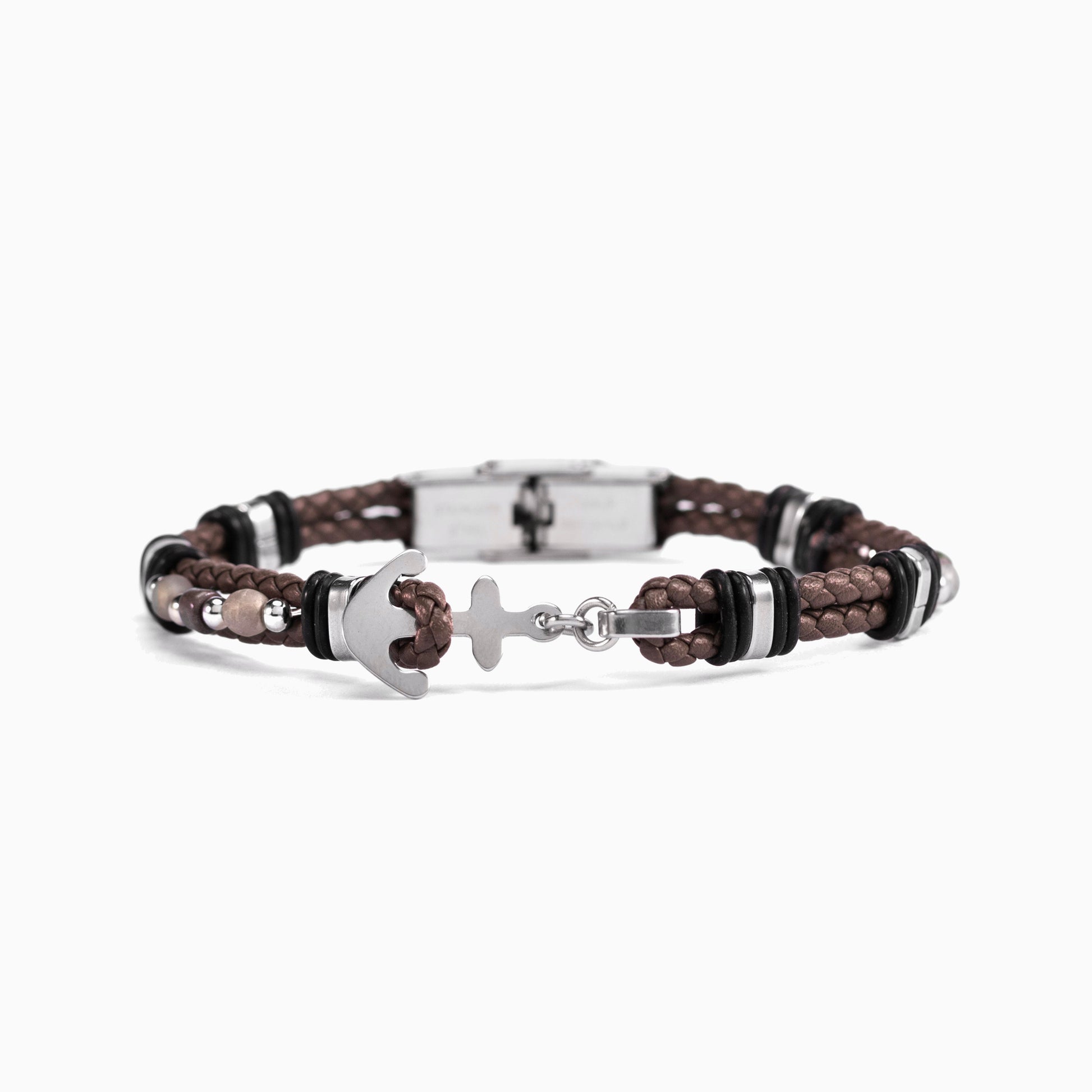 Drift Collection men's bracelet with braided leather, stainless steel anchor detail and silicone accents, 21 cm length, contemporary Italian men's jewelry.