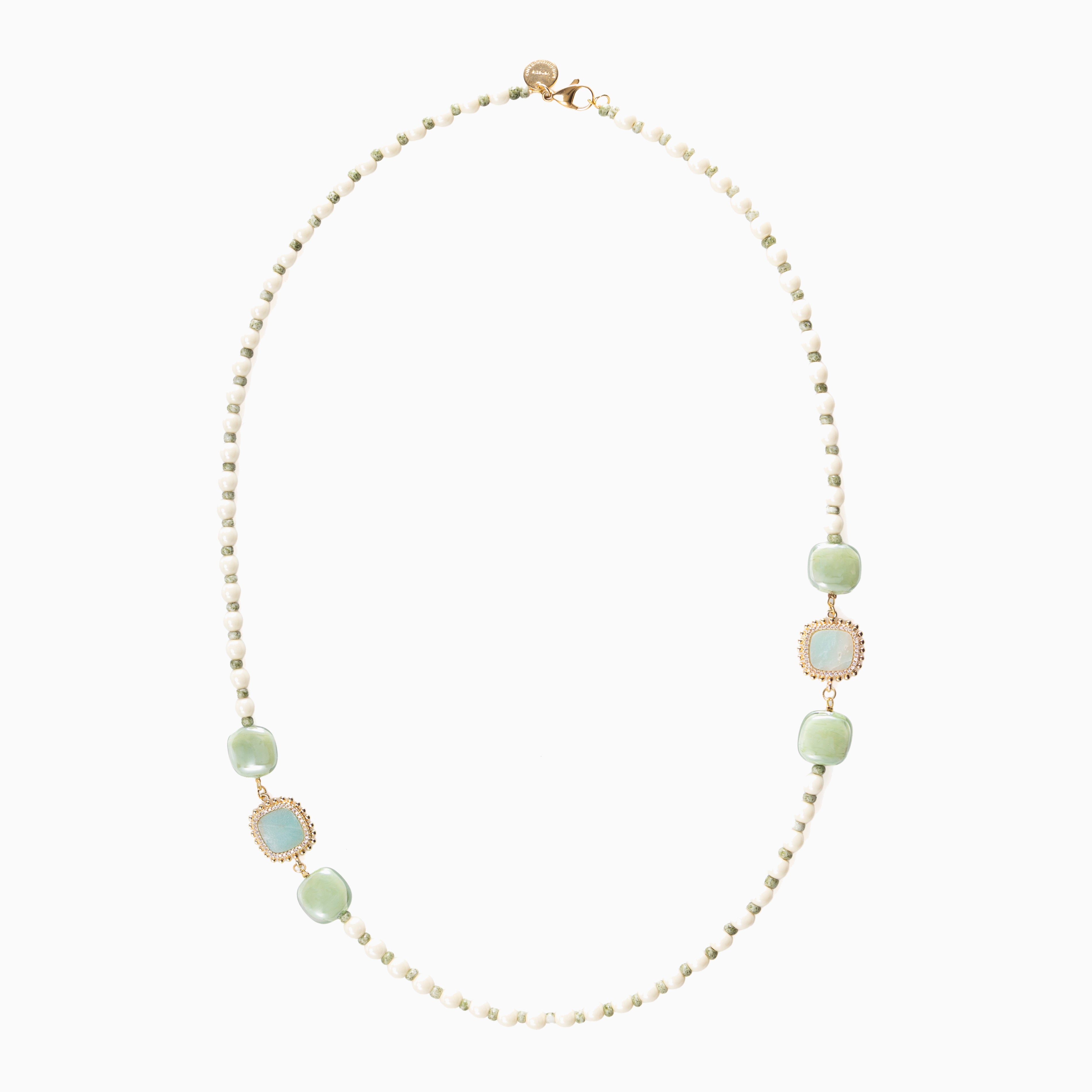 Bloom Murano glass necklace with Carnelian, Agate and Amazonite stones, 18KT Gold Finish over brass, adjustable 18.5 inches with extension, handcrafted in Italy — side view.