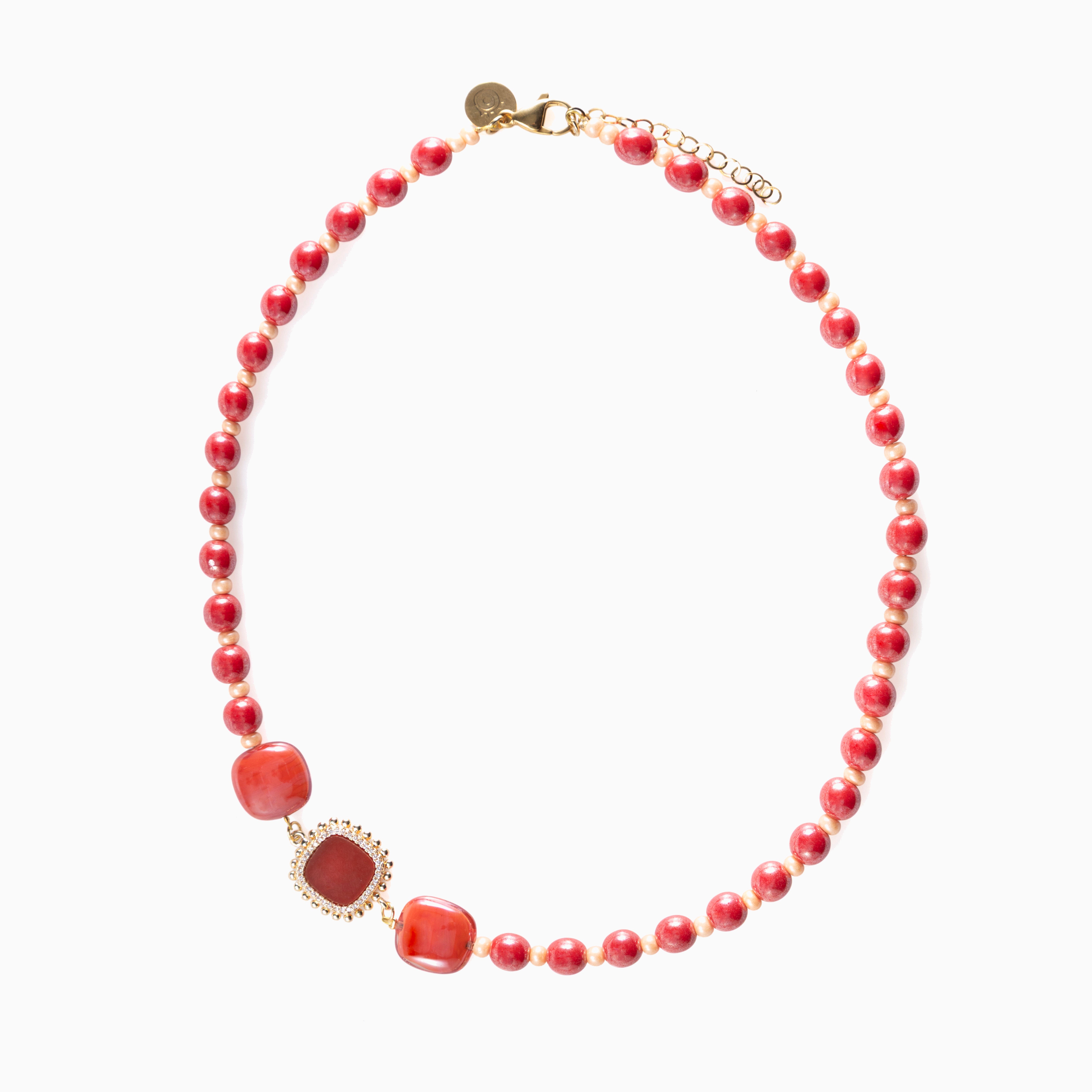 Bloom Murano glass necklace with Carnelian, Agate or Amazonite stones, brass and stainless steel components, adjustable 18.5 inches with extension, handcrafted in Venice, Italy.