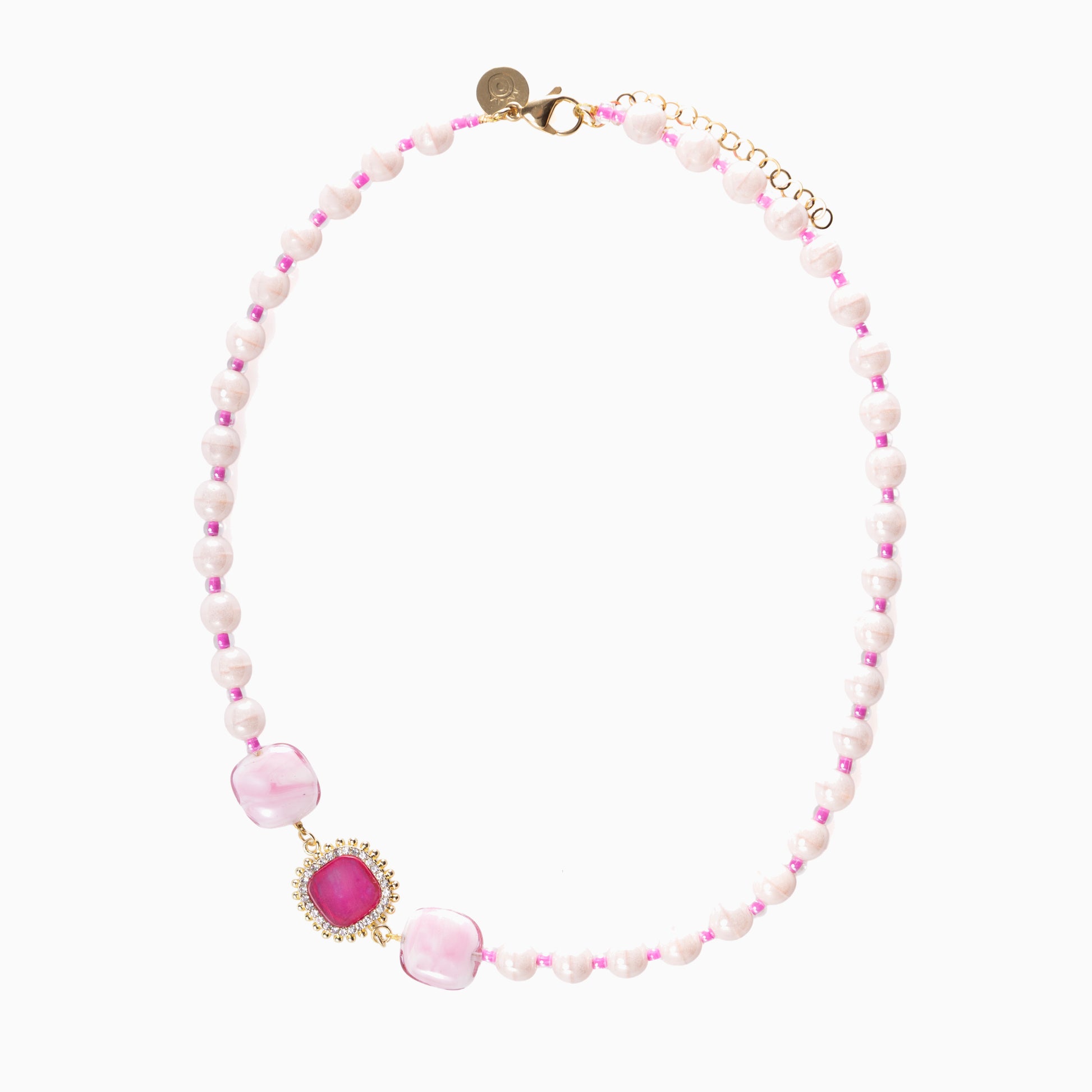 Bloom Murano glass necklace with Carnelian, Agate or Amazonite stones, brass and stainless steel components, adjustable 18.5 inches with extension, handcrafted in Venice, Italy.
