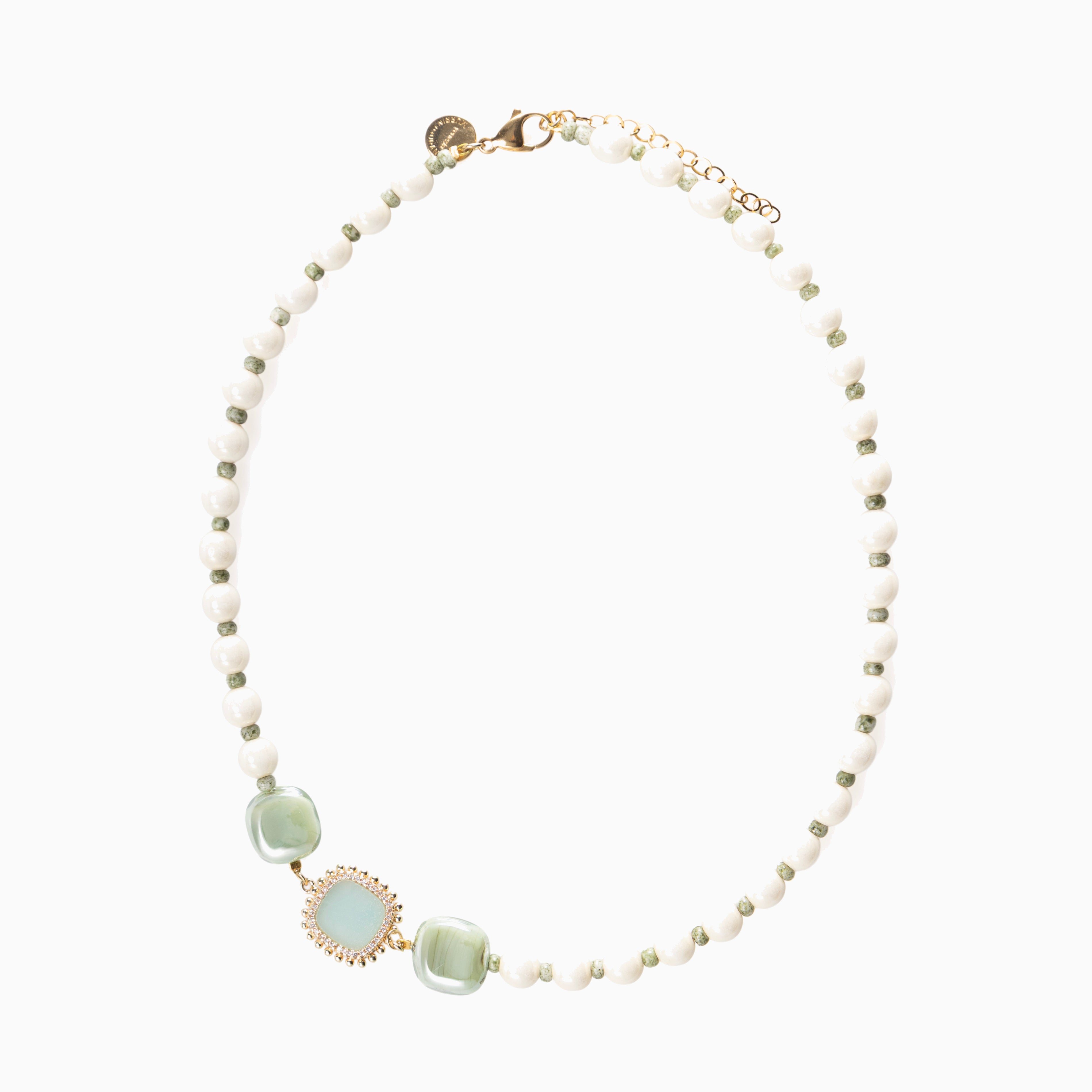 Bloom Murano glass necklace with Carnelian, Agate or Amazonite stones, brass and stainless steel components, adjustable 18.5 inches with extension, handcrafted in Italy — side view.