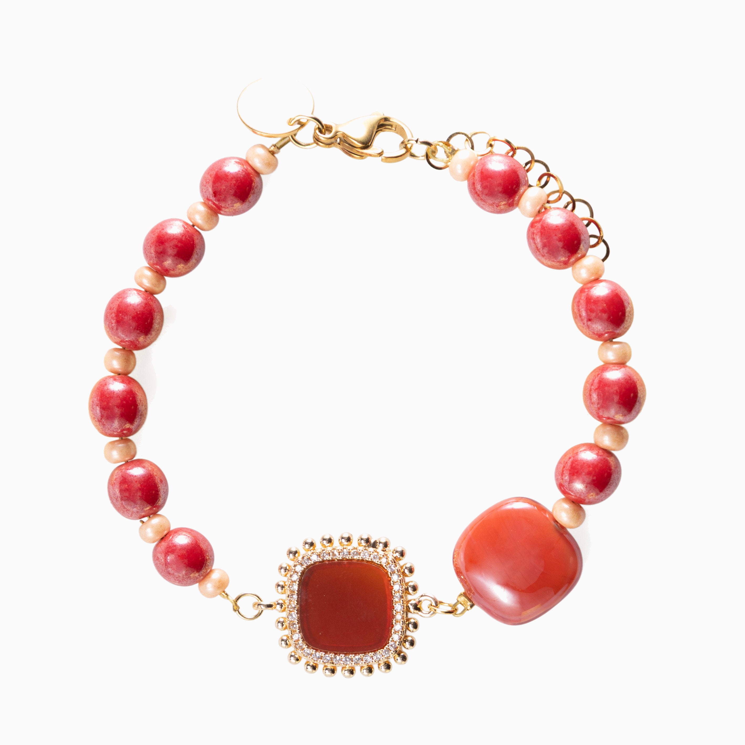 Bloom Murano glass bracelet with Carnelian, Agate or Amazonite stones and brass components, 18KT Gold Finish, adjustable 7.5 inches with extension, handcrafted in Venice, Italy.