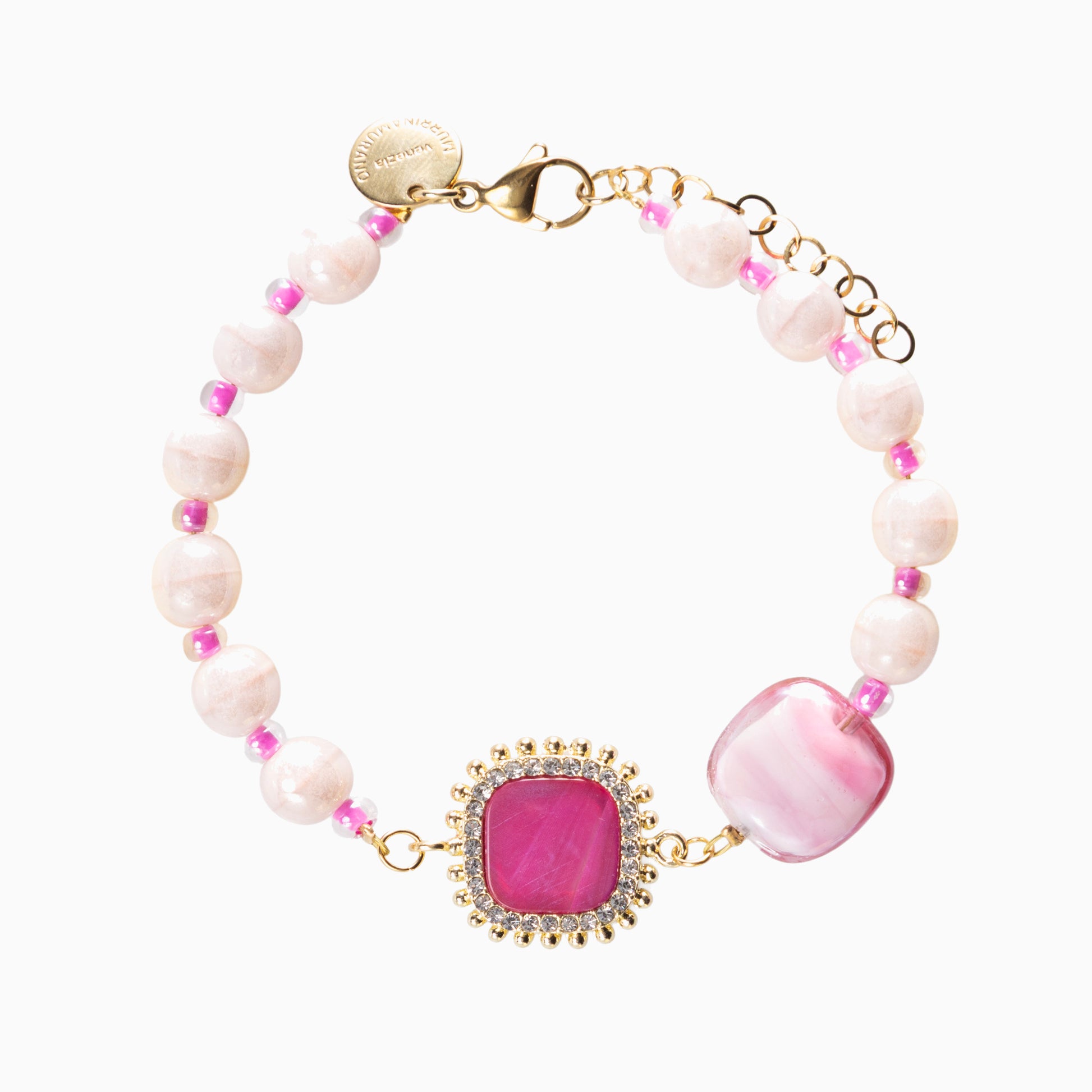Bloom Murano glass bracelet with Carnelian, Agate or Amazonite stones and brass components, 18KT Gold Finish, adjustable 7.5 inches with extension, handcrafted in Venice, Italy.