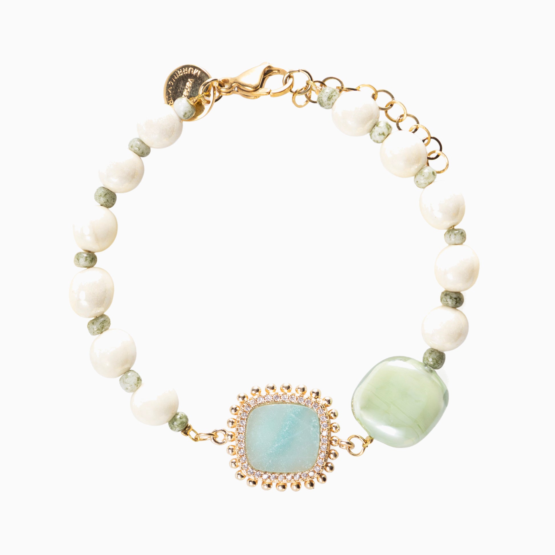 Bloom Murano glass bracelet with Carnelian, Agate or Amazonite stones and brass components, 18KT Gold Finish, adjustable 7.5 inches with extension, handcrafted in Venice, Italy.