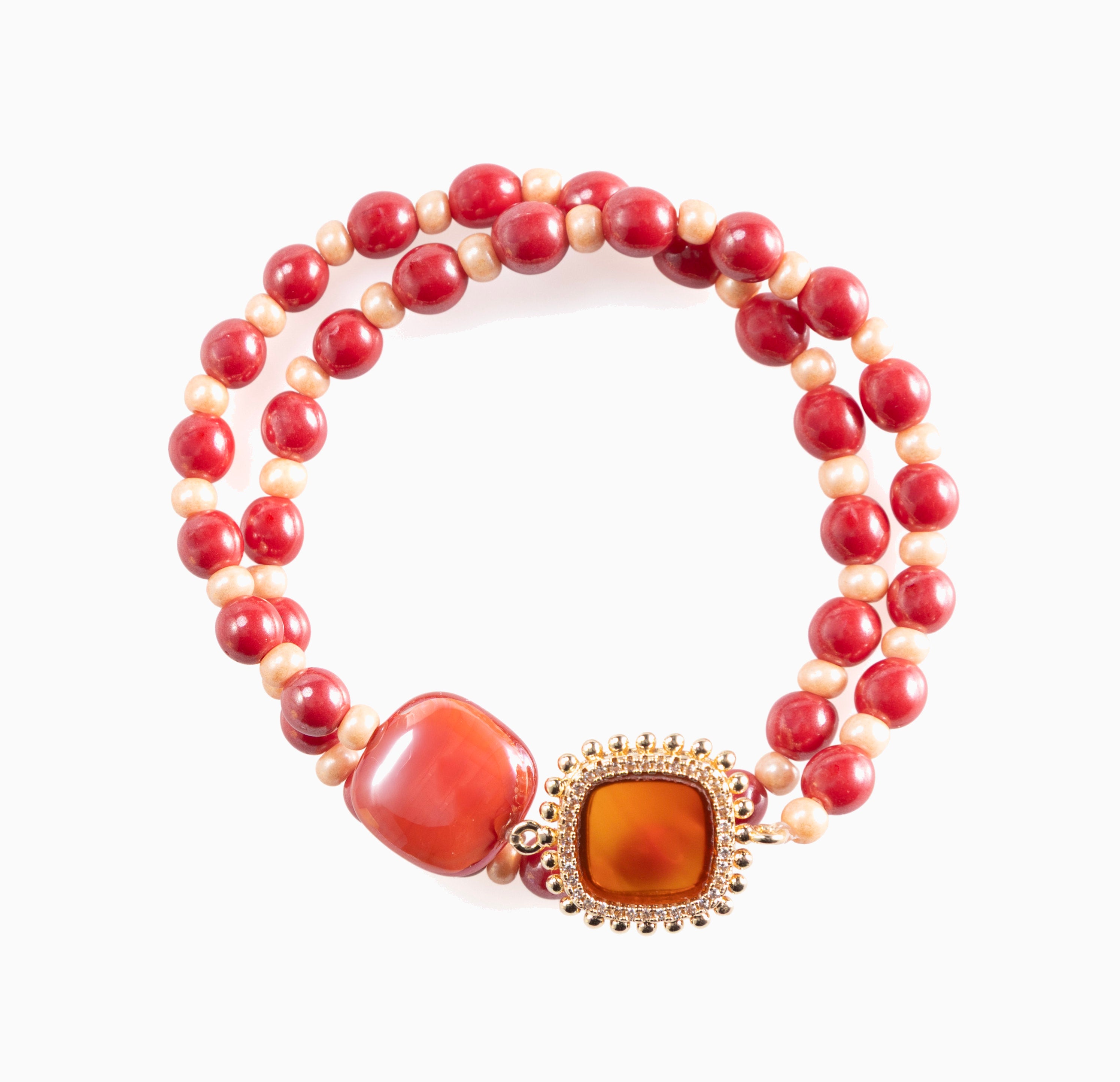 Bloom Murano glass bracelet with Carnelian, Agate or Amazonite stones and brass components, 18KT Gold Finish, adjustable, handcrafted in Venice, Italy.
