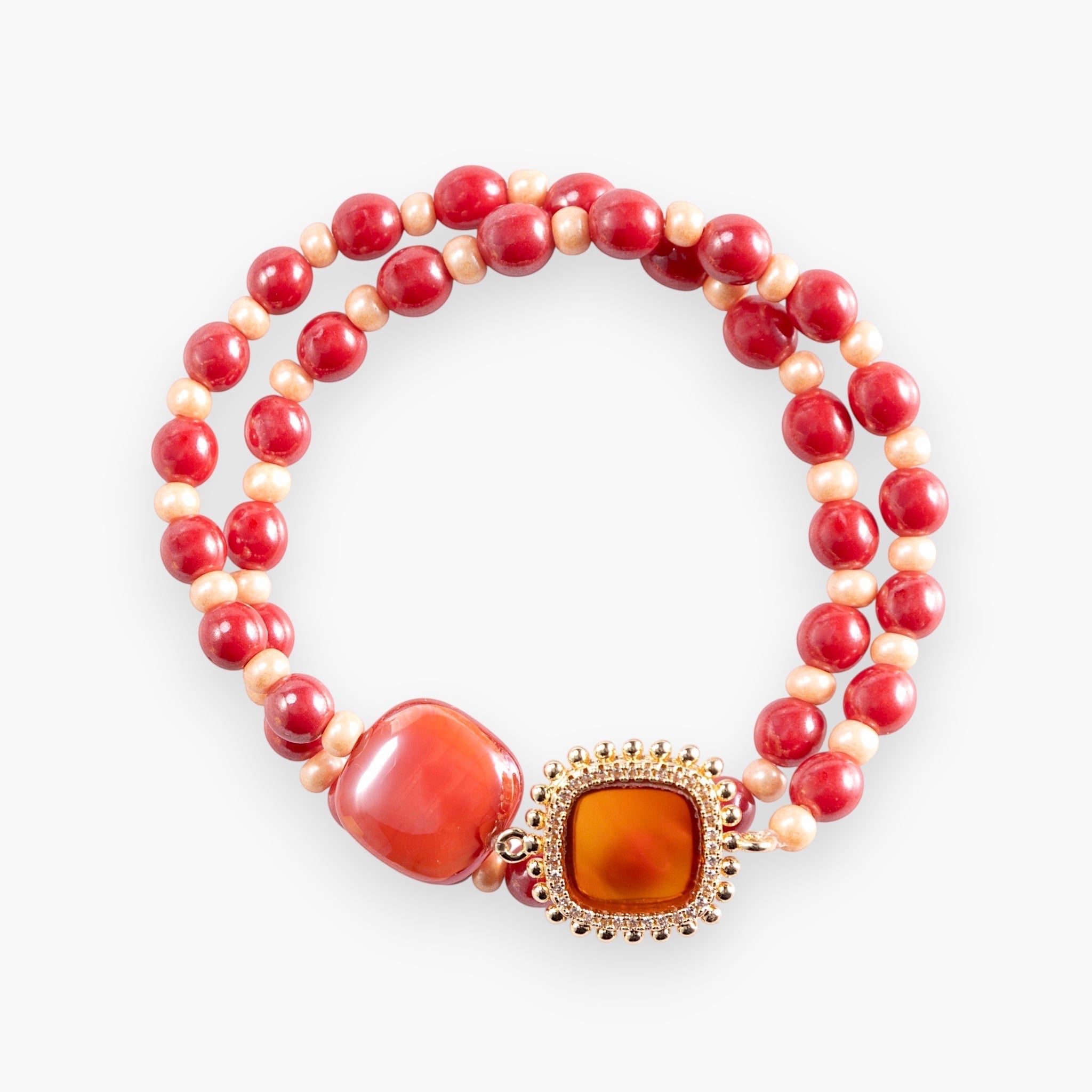 Bloom Murano glass bracelet with Carnelian, Agate or Amazonite stones and brass components, 18KT Gold Finish, adjustable, handcrafted in Venice, Italy.