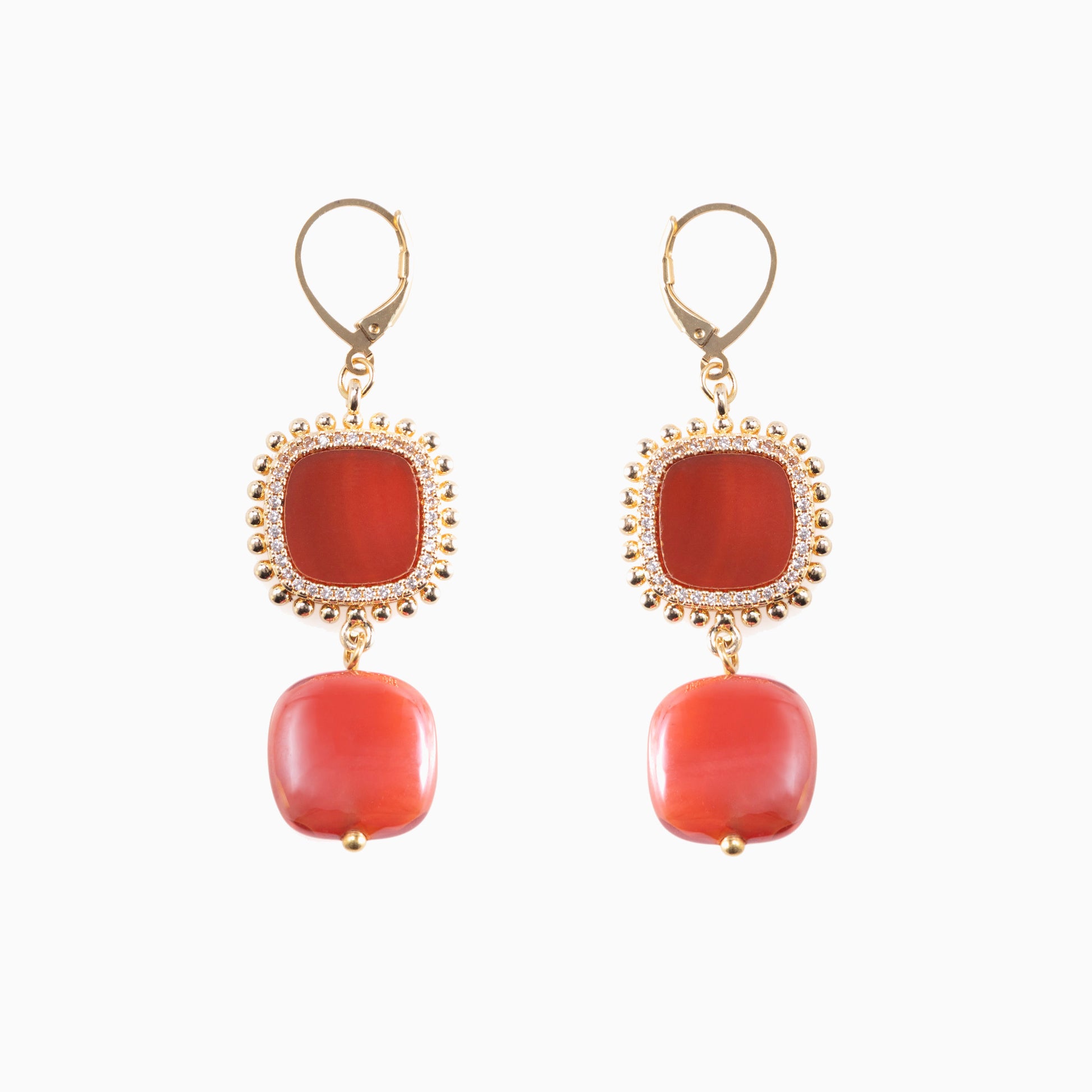 Bloom Murano glass drop earrings with Carnelian, Agate or Amazonite stones and brass components, 18KT Gold Finish, 2.4 inches, handcrafted in Venice, Italy.